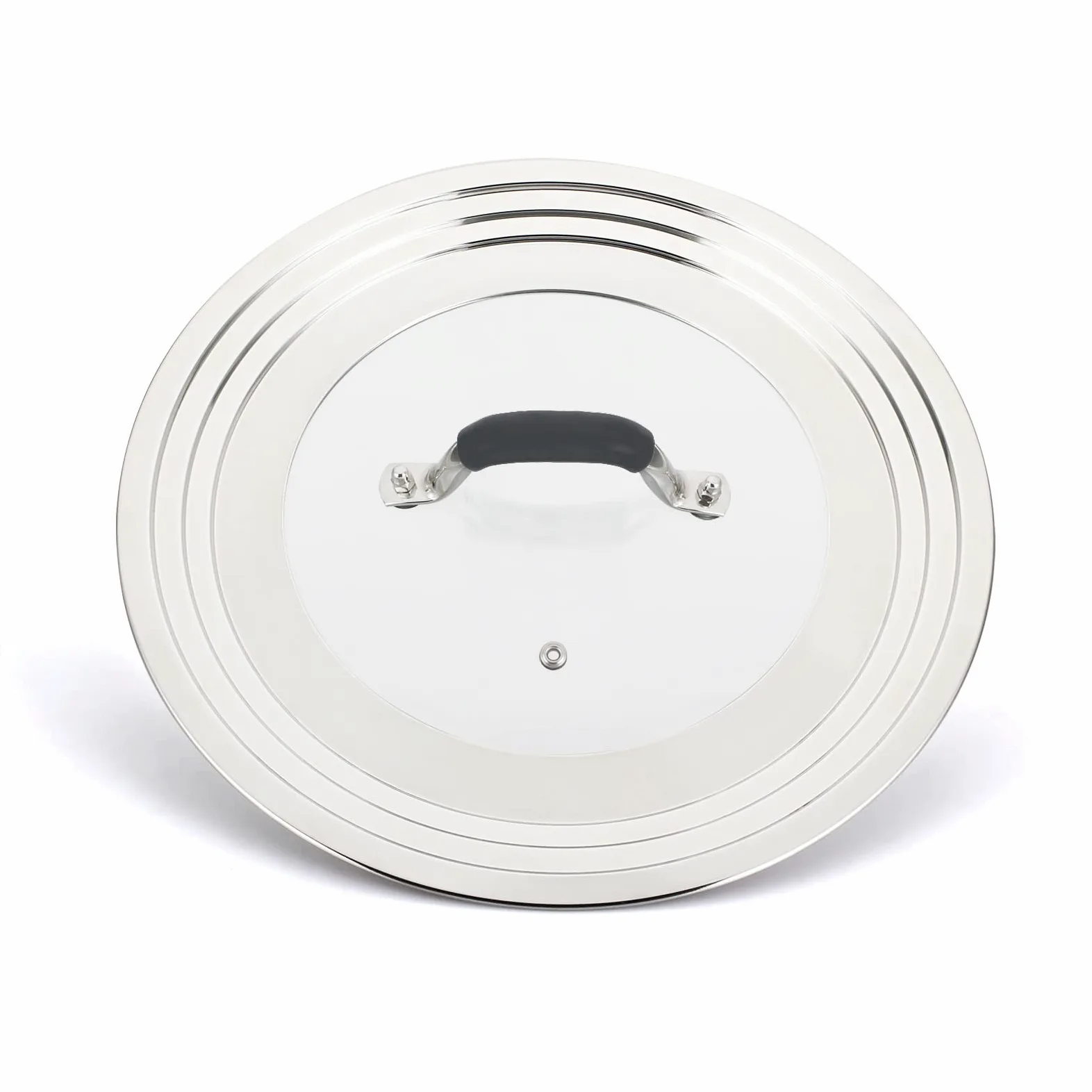 Tapa Universal Para 21 – 31 cm Sartenes, Ollas, Cacerolas y Woks, Tapa de Cristal con Borde de Acero Inoxidable, Cubierta Universal de Ollas con Mango de Silicona Resistente al Calor, Negra
