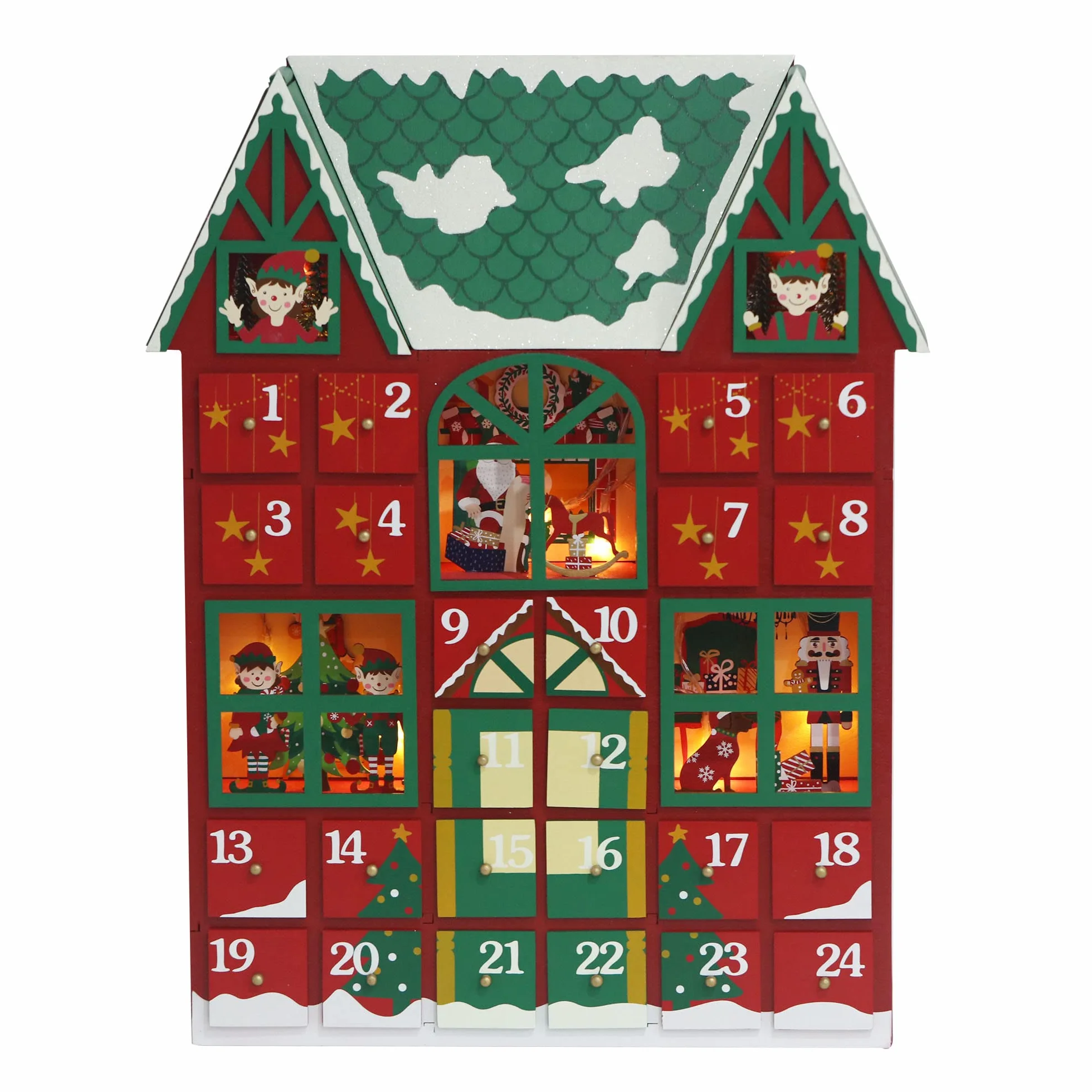Pioneer Effort Calendario de Adviento de madera con 24 cajones y LED para llenar pequeños regalos cuenta atrás para decoración de Navidad, Rojo y verde