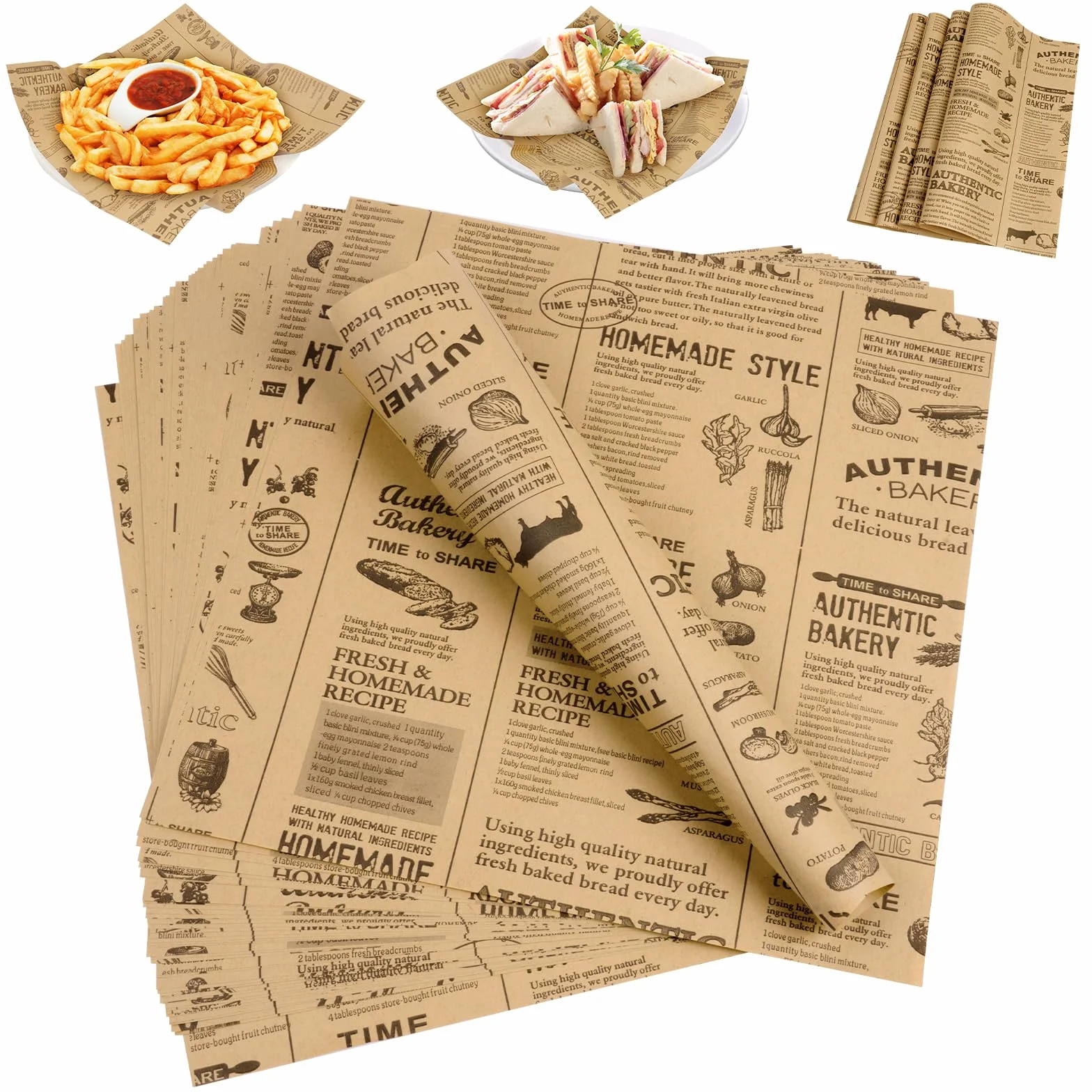 100 Piezas Papel Horno, 25 x 25 cm Antigrasa Hamburguesa Papel para Envolver Alimentos Aspecto de Periódico