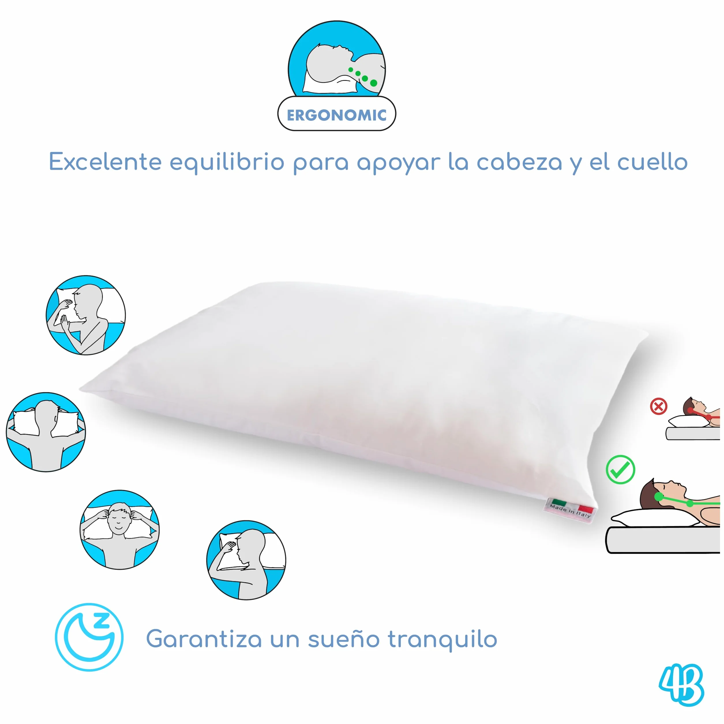 Almohada 40x60 Bebe Fibra Transpirable Hipoalergénico Forro 100% Algodón Italiano Antiácaros