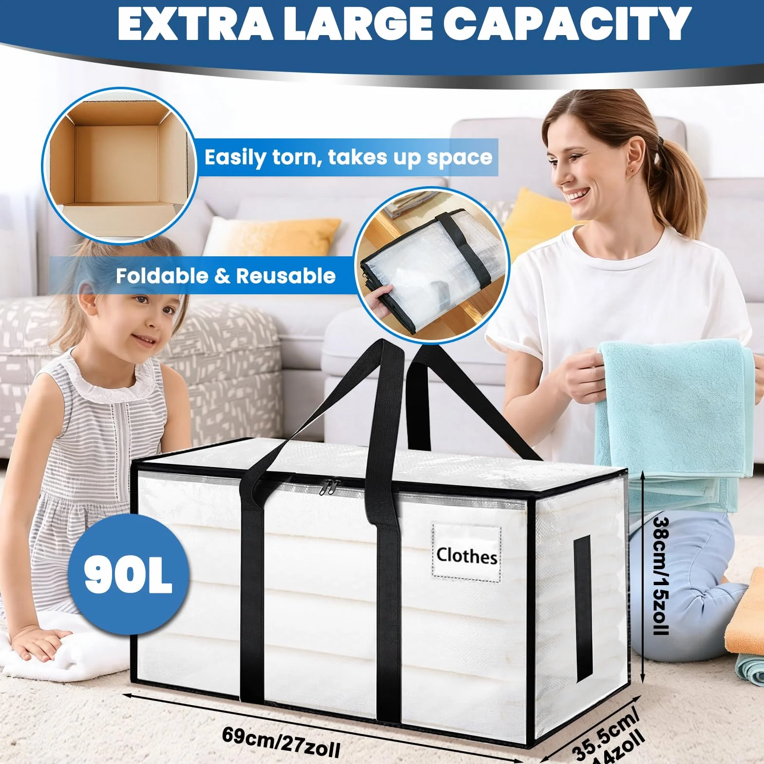 6 bolsas de almacenamiento grandes transparentes de 90 L, con cremallera y asas, para almacenamiento y transporte de ropa, ropa de cama, mudanzas
