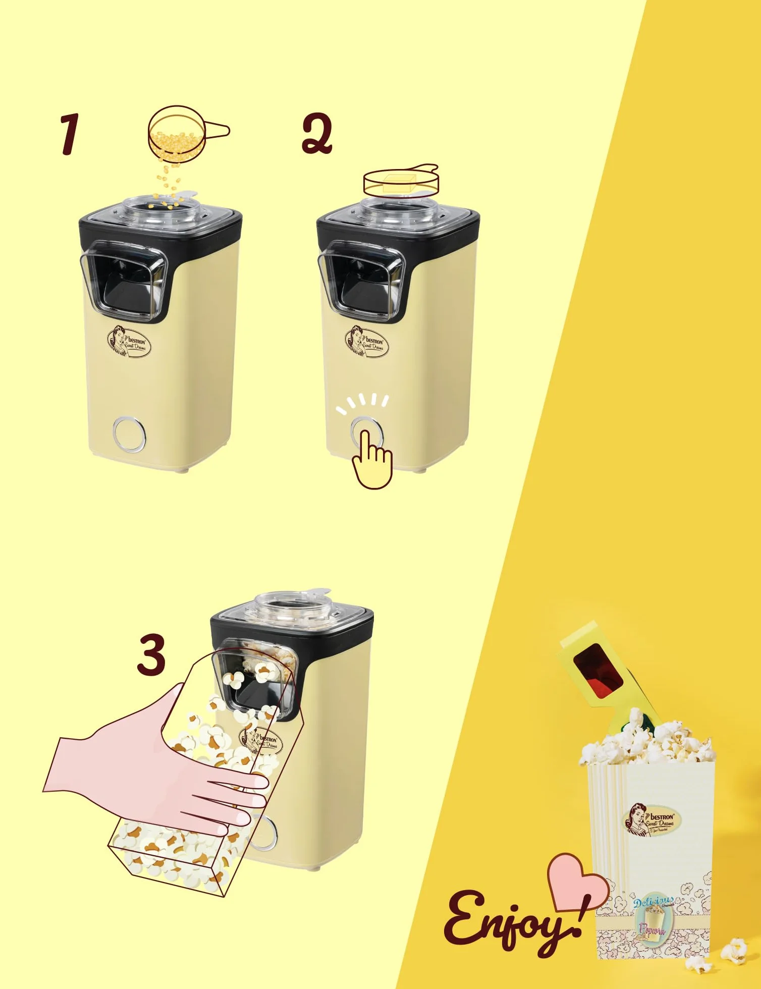 Bestron Palomitero, Turbo-Palomitas en menos de 2 minutos, con tecnología de aire caliente, incluye 10 bolsas de palomitas y taza medidora integrada, colección Sweet Dreams, Color: Amarillo
