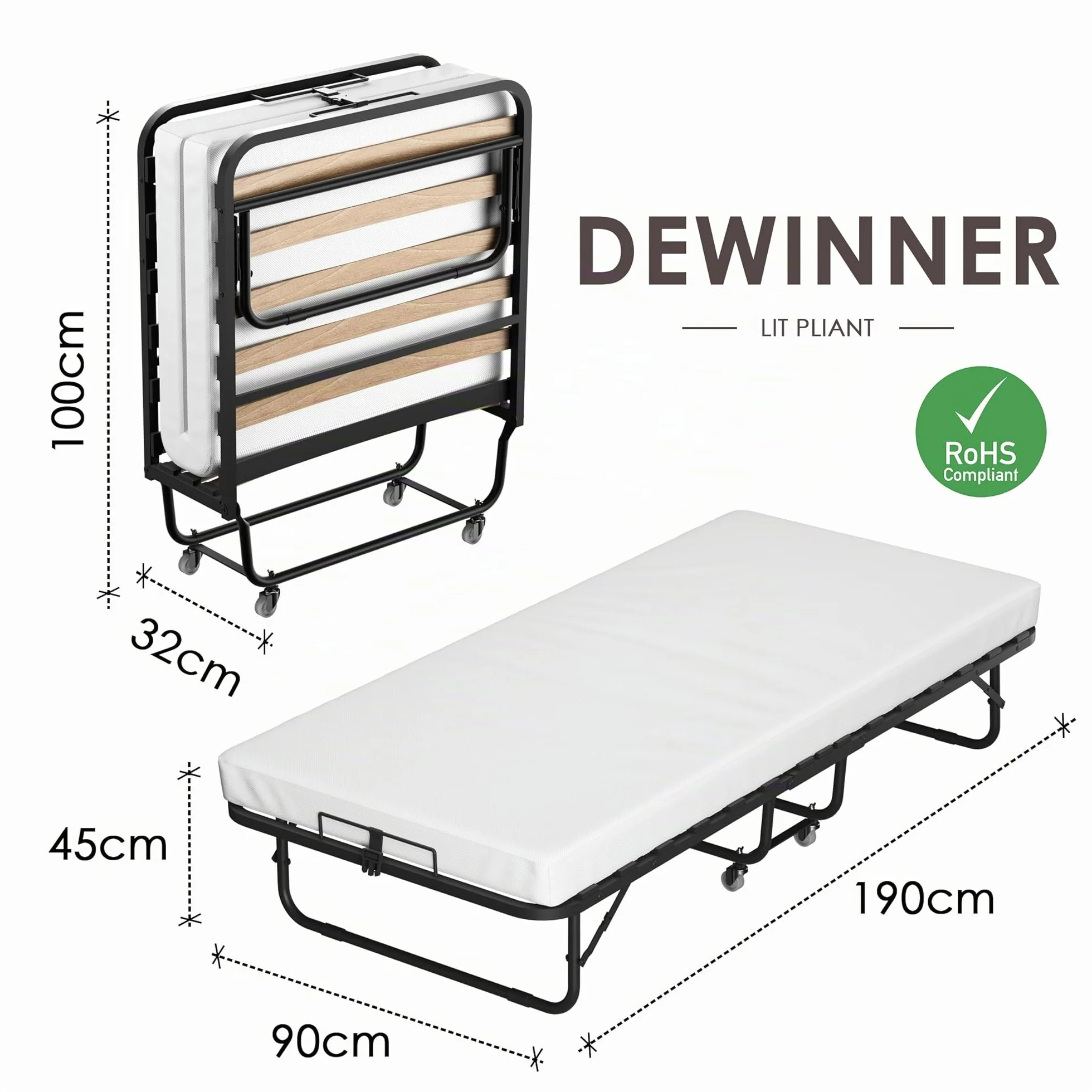 DEWINNER Cama Plegable 90x190 | Cama para 1 Persona con Colchón de 10 cm | Somier Individual de Listones de Madera de 90 x 190 | Camas Ahorra Espacio con Ruedas | Cama con Colchon Plegable