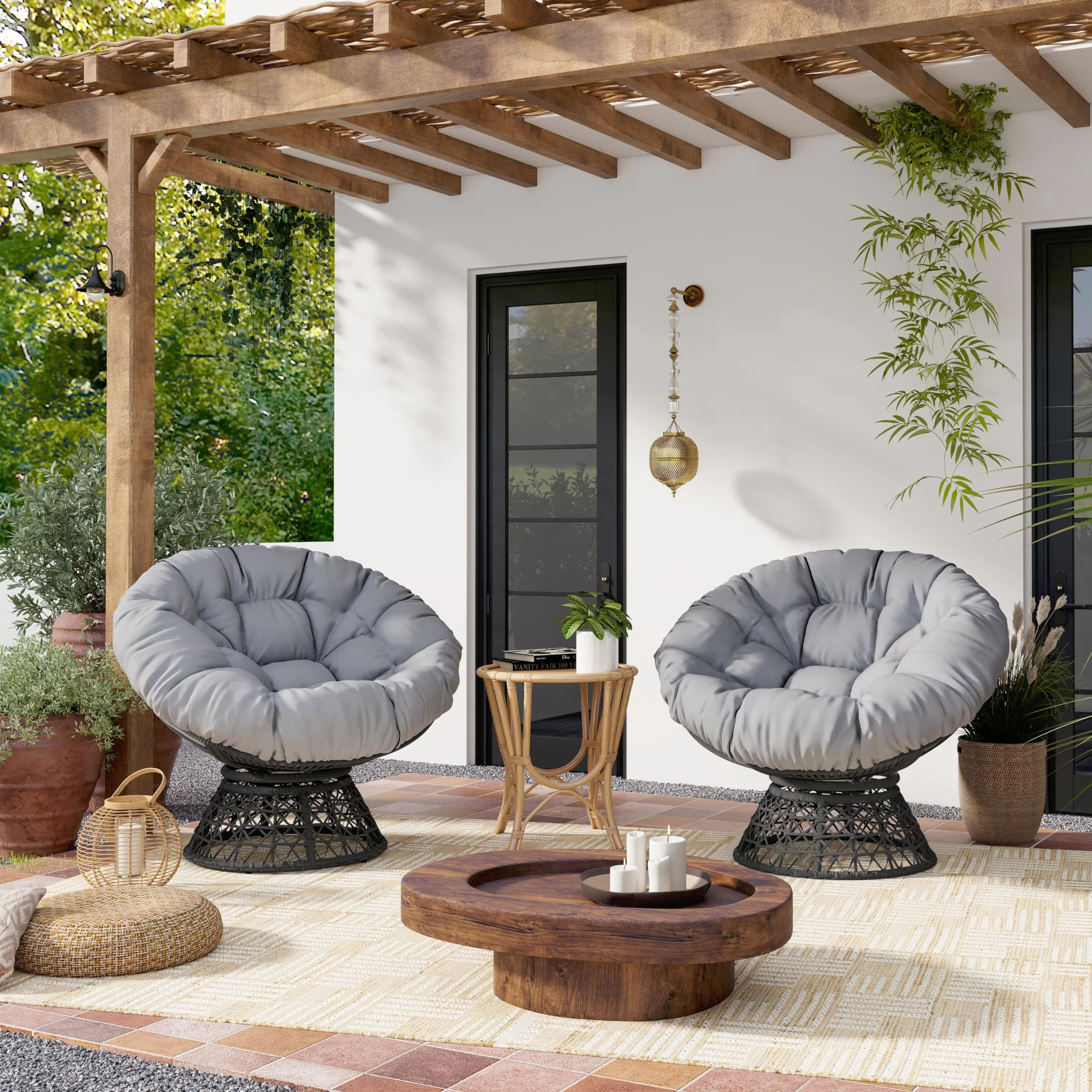 Yaheetech Sillón Papasan Giratorio 360°con Cojín Grueso de un Diámetro 100 cm, Hecho de Ratán Resistente y Adecuado para el salón, Dormitorio y Terraza (Gris)