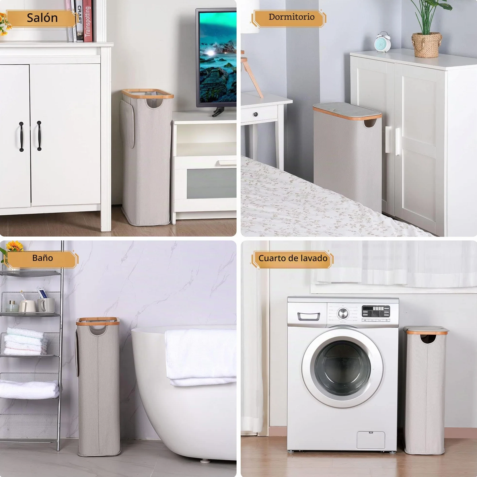 Cesto Ropa Sucia Bambú 60L con Tapa, Cesta Delgado con Bolsa Interior Extraíble, Laundry Basket Plegable para Lavadero Dormitorio Gris claro