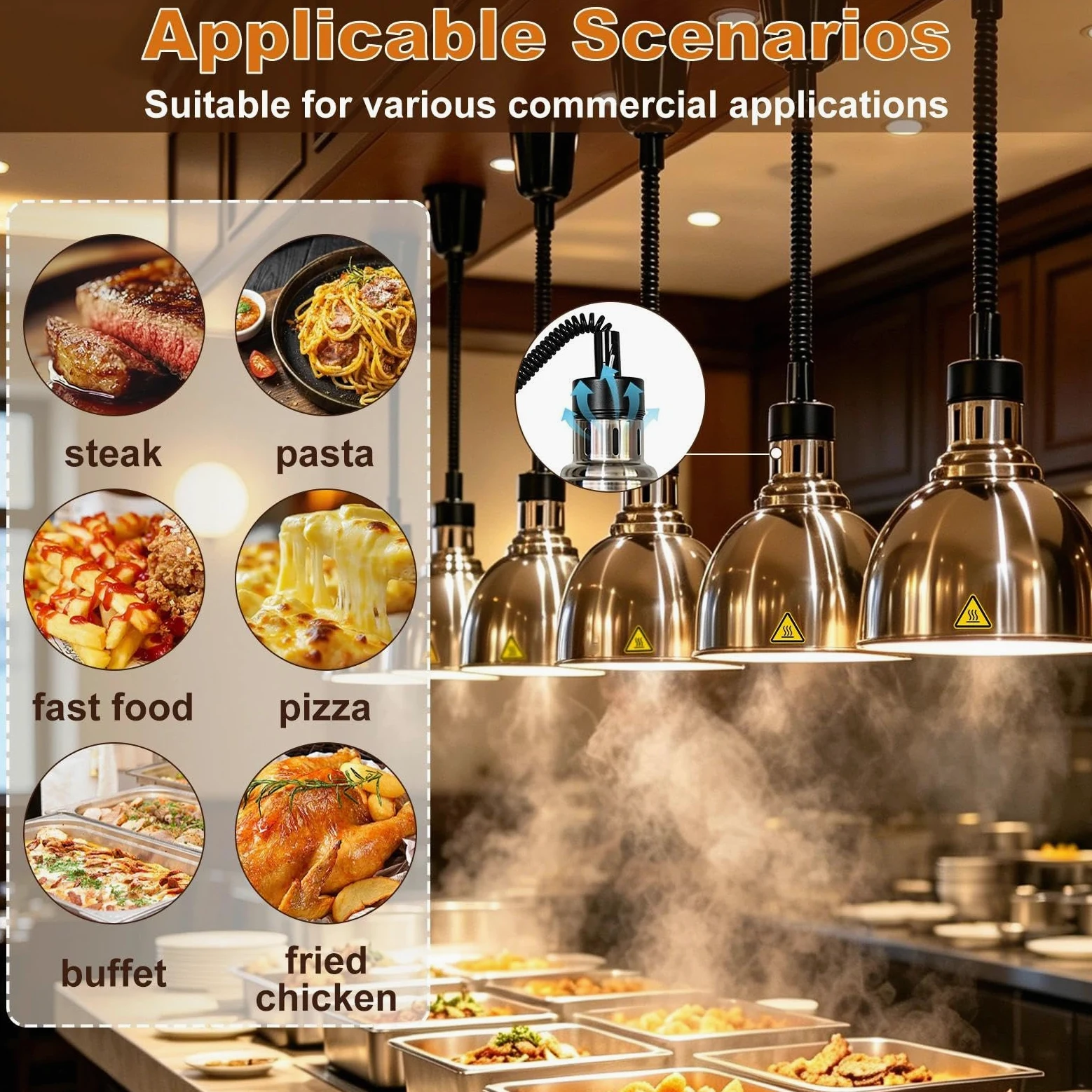 Lampara de Calor Cocina, Altura Regulable 60-180cm (B-25cm, 2 Piezas) | Lampara de Calor para Alimentos, Lampara Calentador Comida para Cocina Buffet Hostelería, 250W 220V