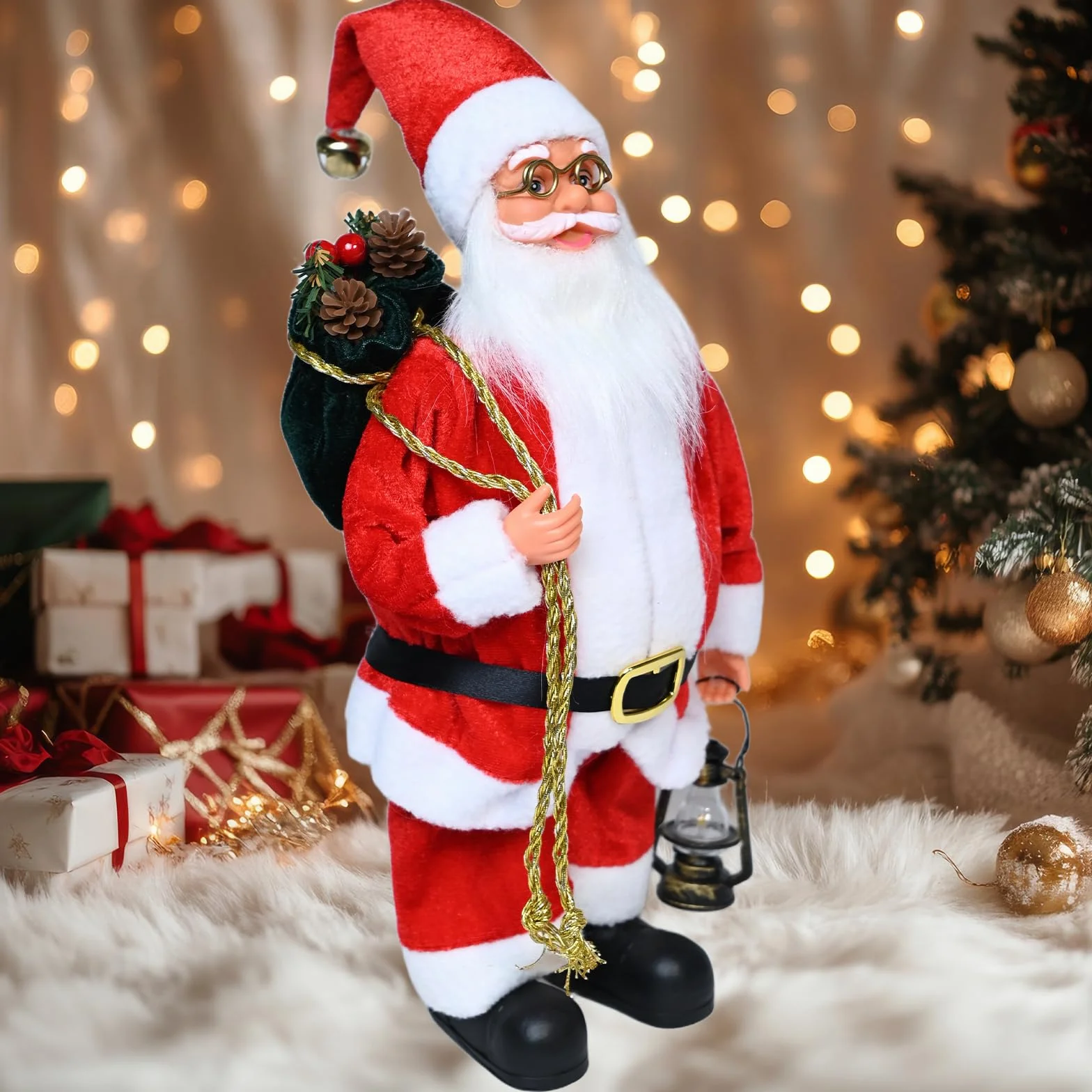Figura de Papá Noel de pie de 39 cm Tradicional Rojo decoración de Navidad Ornamento muñeca Figura de Santa Claus Larga Barba con Bolsa de Rega para Ventana Mesa Chimenea Regalo de Decoración