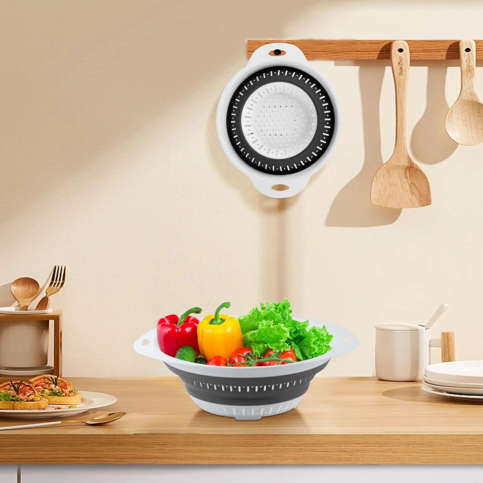 2 Piezas Colador Plegable de Cocina, Coladores de Silicona, Escurridor Plegable con Mango, Escurridor Pasta Verduras, Colador de Pasta Frutas Alimentos, Accesorios