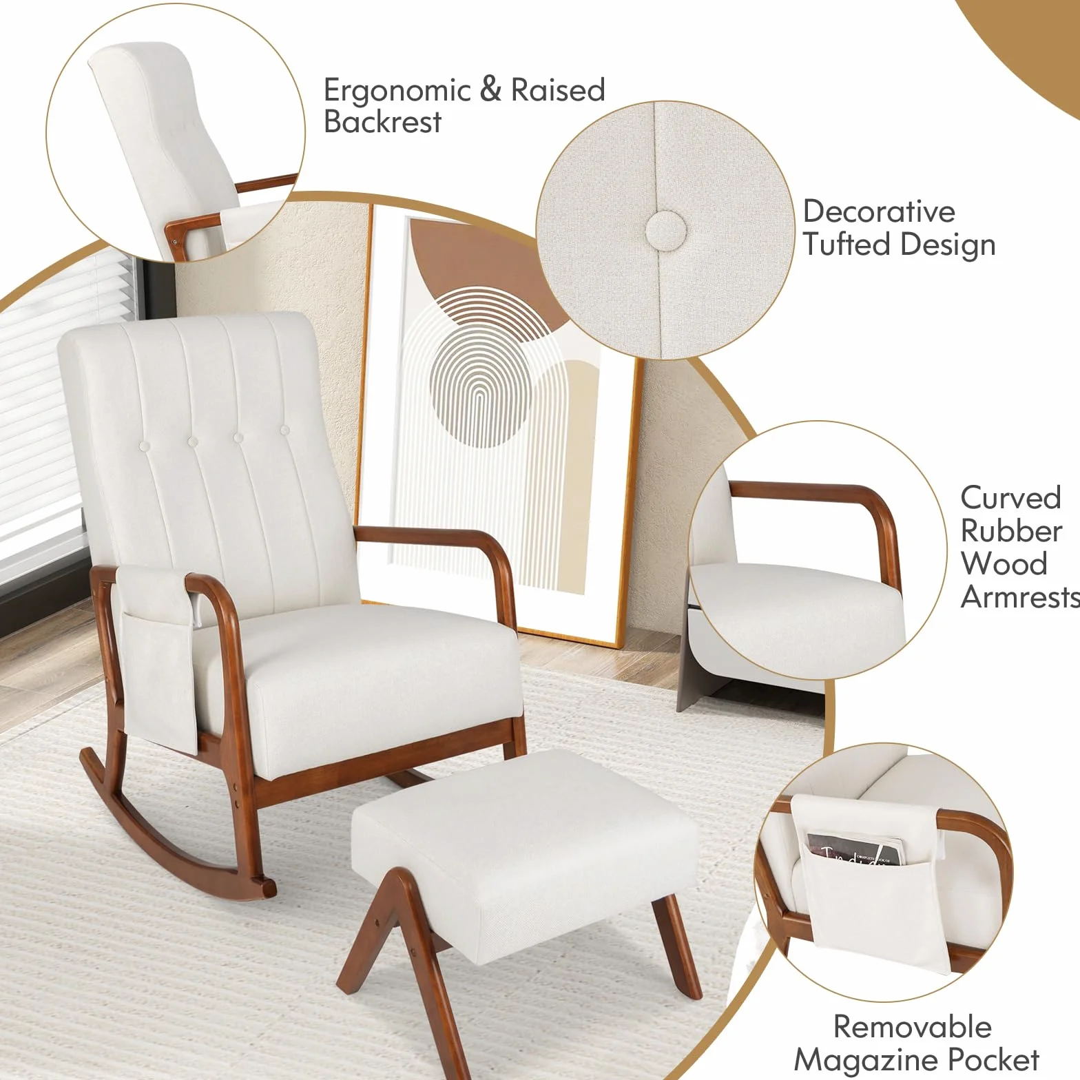 HOMASIS Silla Mecedora con Reposapiés y Bolsillo, Juego de Sillón Balancín con Reposabrazos y Estructura de Madera Maciza, Silla de Lactancia para Salón, hasta 150 kg, 97 x 65 x 104 cm (Beige)