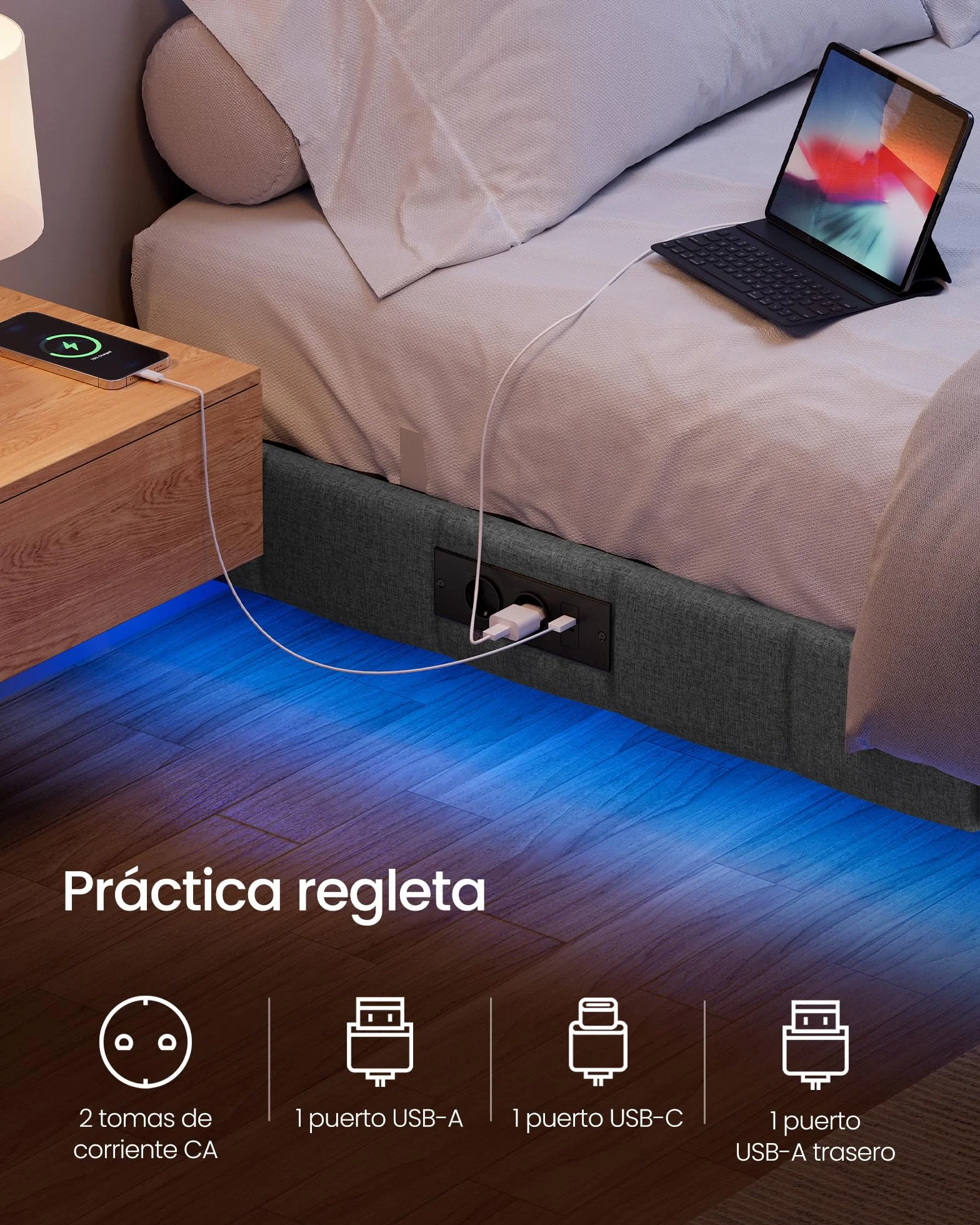 VASAGLE Marco de Cama Flotante, 160 x 200 cm, Bordes Acolchados, LED, 2 Tomas de Corriente, 1 Puerto USB-A, 1 Puerto USB-C, 1 Puerto USB-A Posterior, Carga de 500 kg, Gris Pizarra RMB165G101