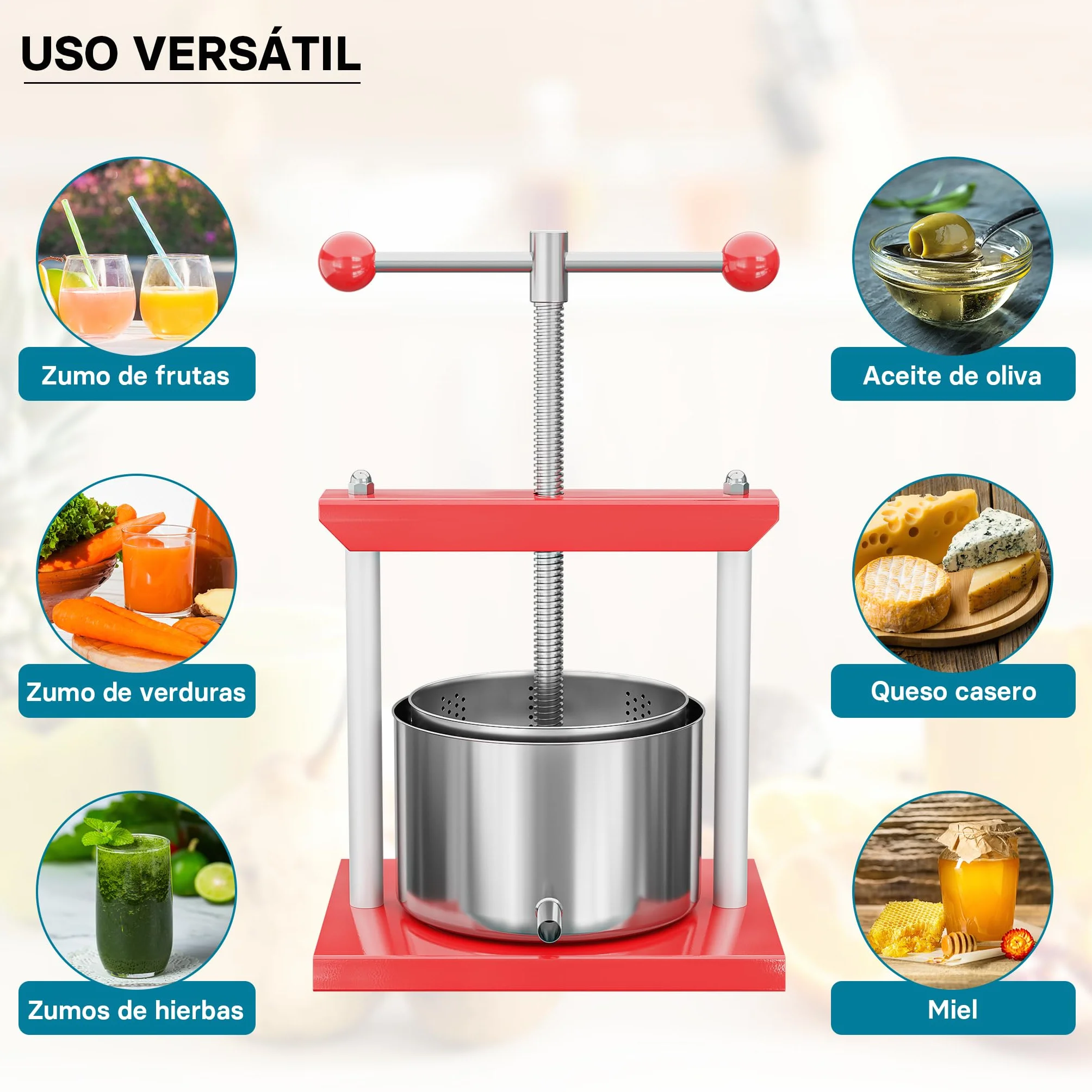 Prensa de frutas prensa de vino en acero 6 l cesta de acero inoxidable exprimidor de frutas y bayas
