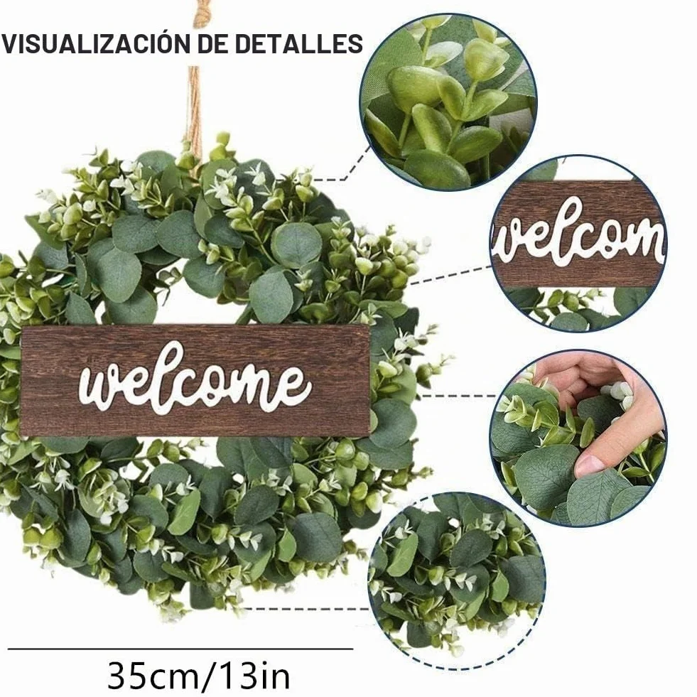 1 Pcs Corona de Puerta de Entrada, Eucalipto Artificial Guirnalda para Sala de Estar, Decoración de Paredes, Bodas, Primavera, Puerta de Entrada, Decoración de Festivales (con Base)