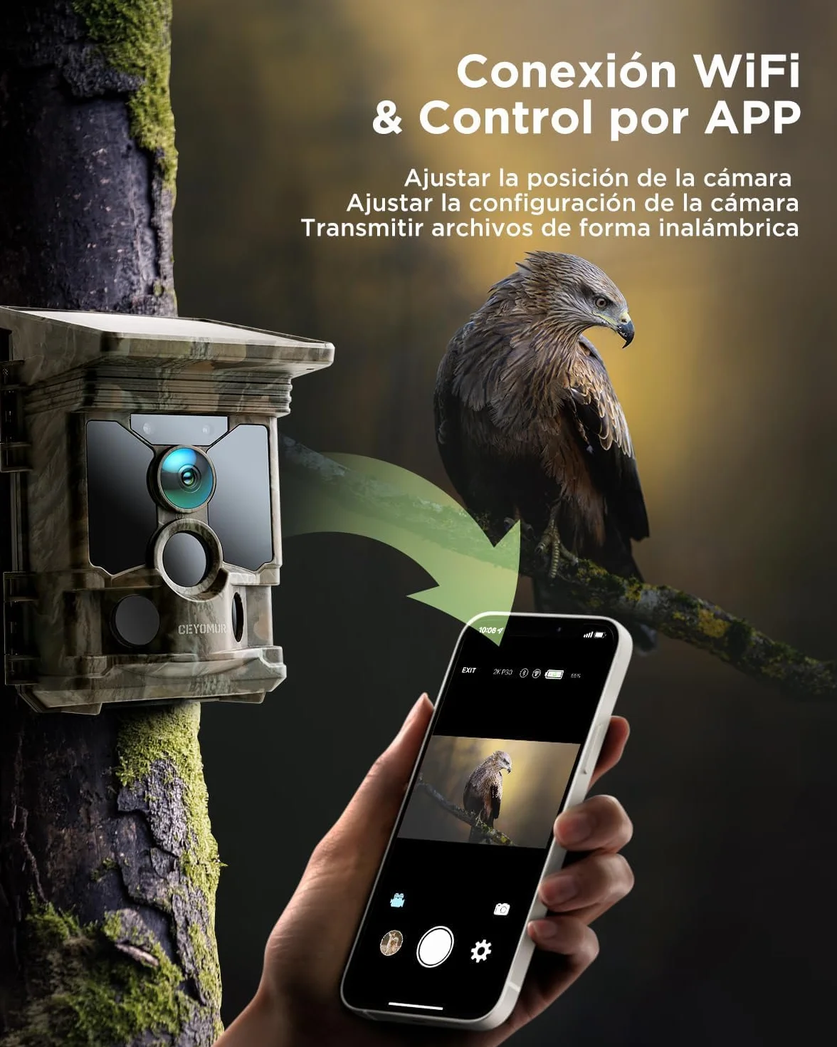 CEYOMUR Cámaras de Caza Solar 68MP 4K 30fps WiFi Bluetooth IP66 Impermeable Visión Nocturna 5200mAh