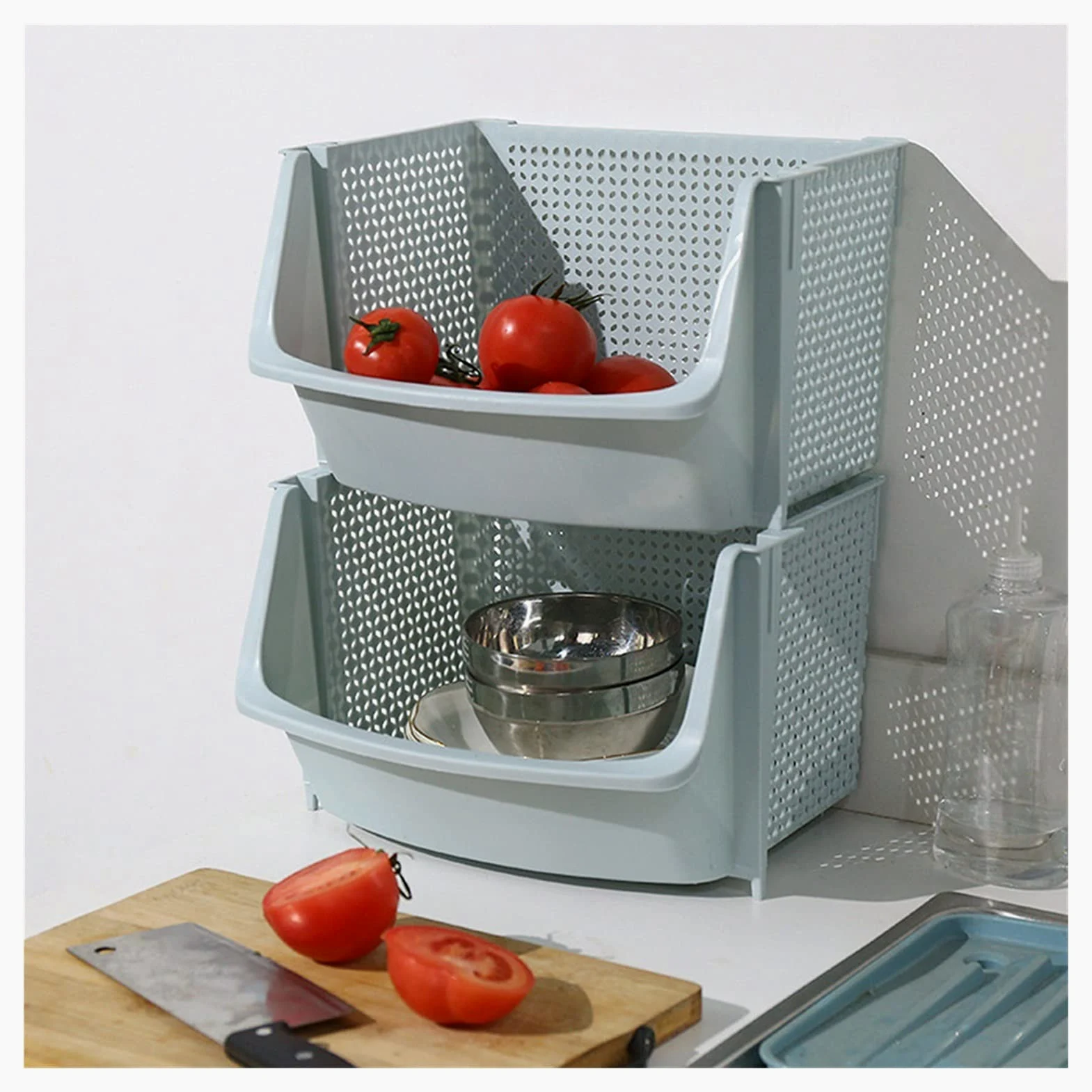 Cesta de colador Drenaje Cesta de cocina Almacenamiento Cesta de plástico Multifuncional Multifuncional Diseño hueco Verduras Racks de frutas Organizador apilable Cesta de colador de cocina