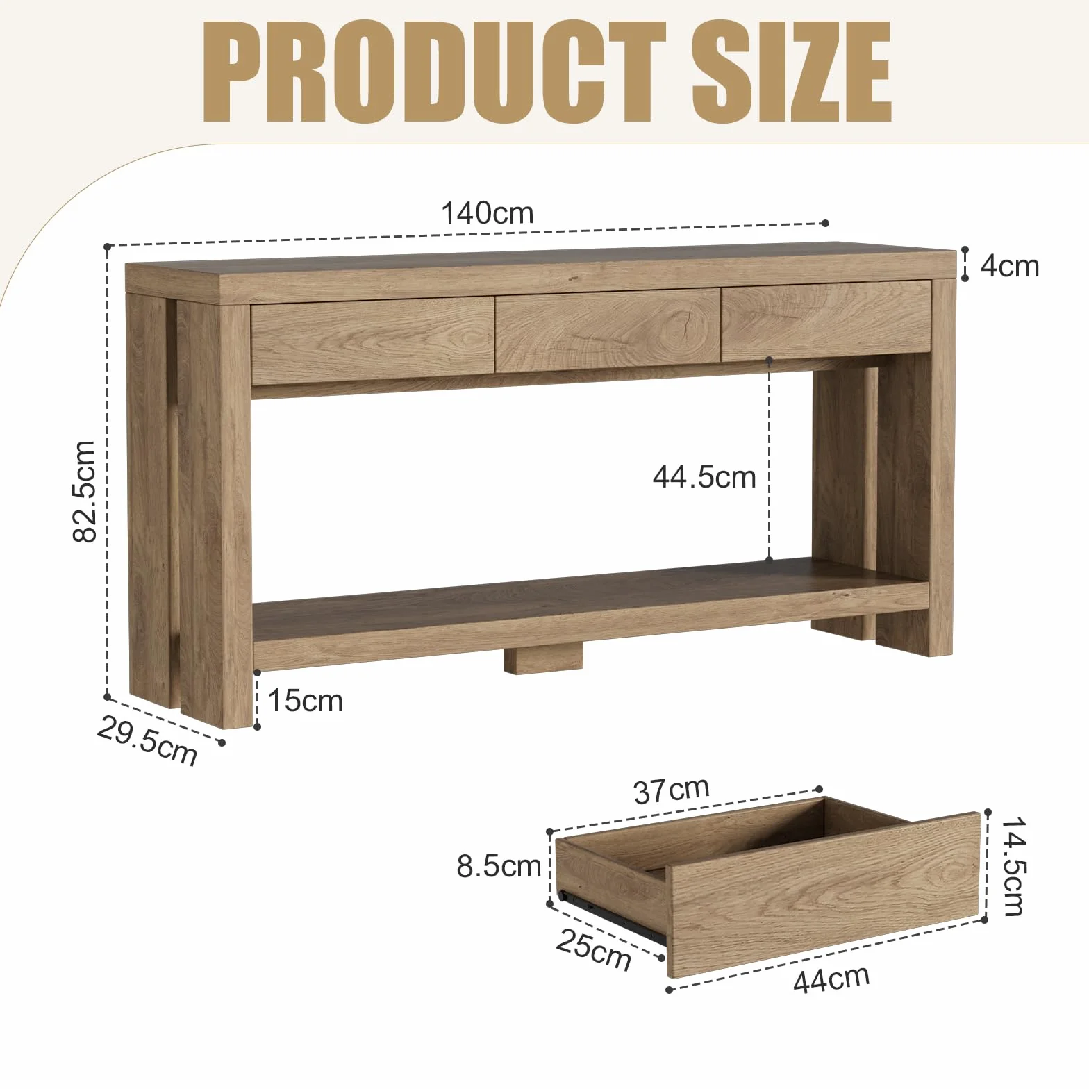 Mesa de Consola con 3 cajones Consola para Recibididor Mesa de Entrada de 2 Niveles Estrecha Mesa Auxiliar Detrás del Sofá Mesa de Pasillo de Madera para entrada, recibidor y salón 140 x 29.5 x 82.5CM