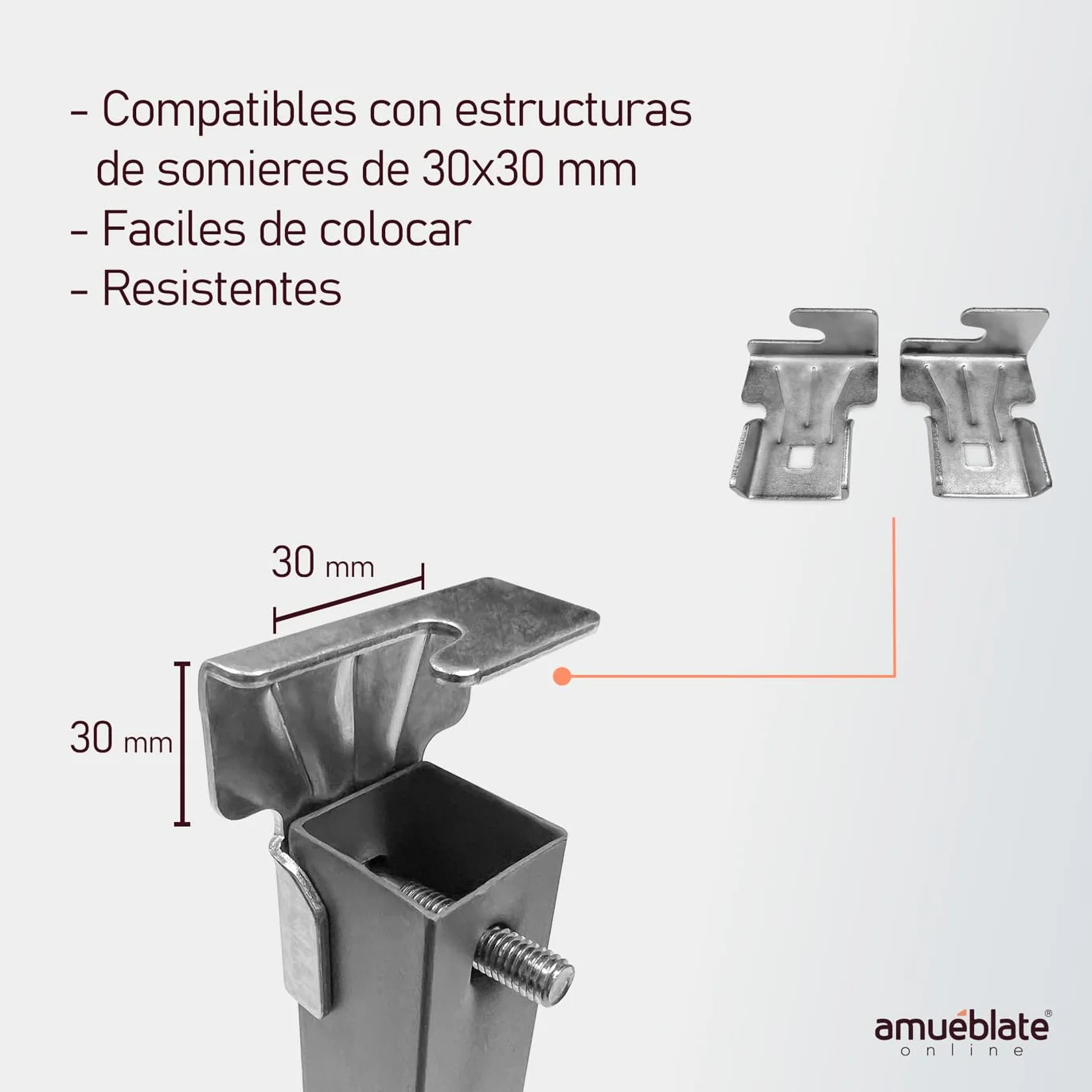 amuéblate online - Juego de 6 Patas cuadradas con Abrazadera para Somier de 30 x 30 mm, Altura 27cm, Gris