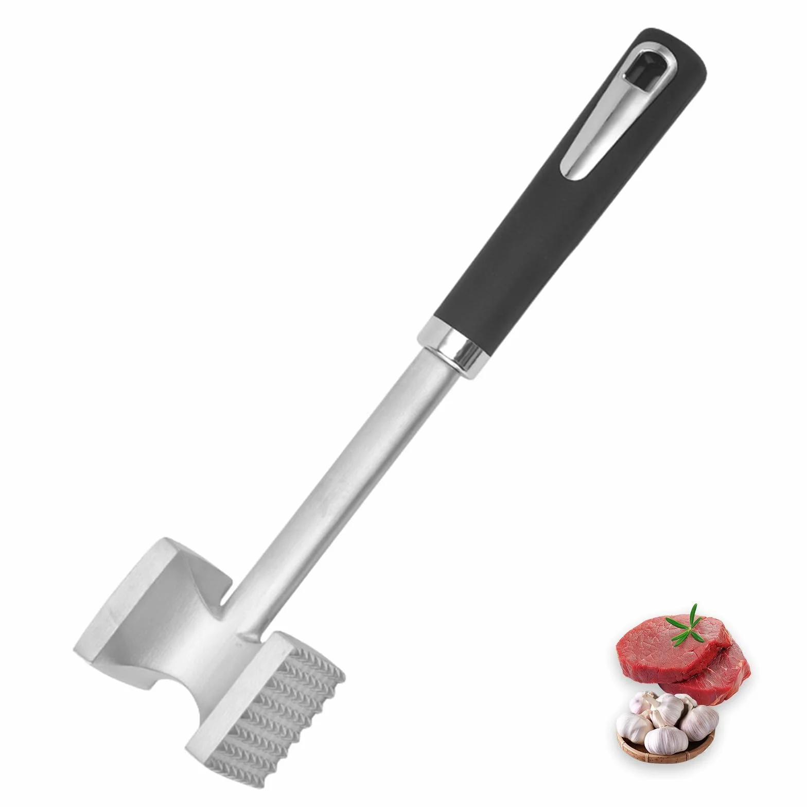 Martillo Carne de Cocina de 27 cm en Acero Inoxidable – Ablandador de Carne de Doble Cara Antiadherente para filetes, chuletas, Cerdo y Pollo