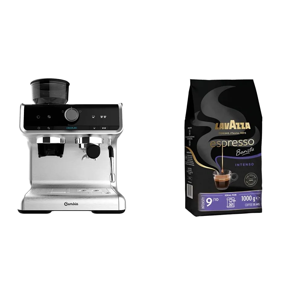 Cecotec Cafetera Express, Capacidad para 250g de Café, 1550 W, 30 Niveles de Molido + Lavazza Espresso Barista Intenso, Café en Grano Tostado, Notas de Cacao y Madera, Intensidad 9, Tueste Medio, 1kg