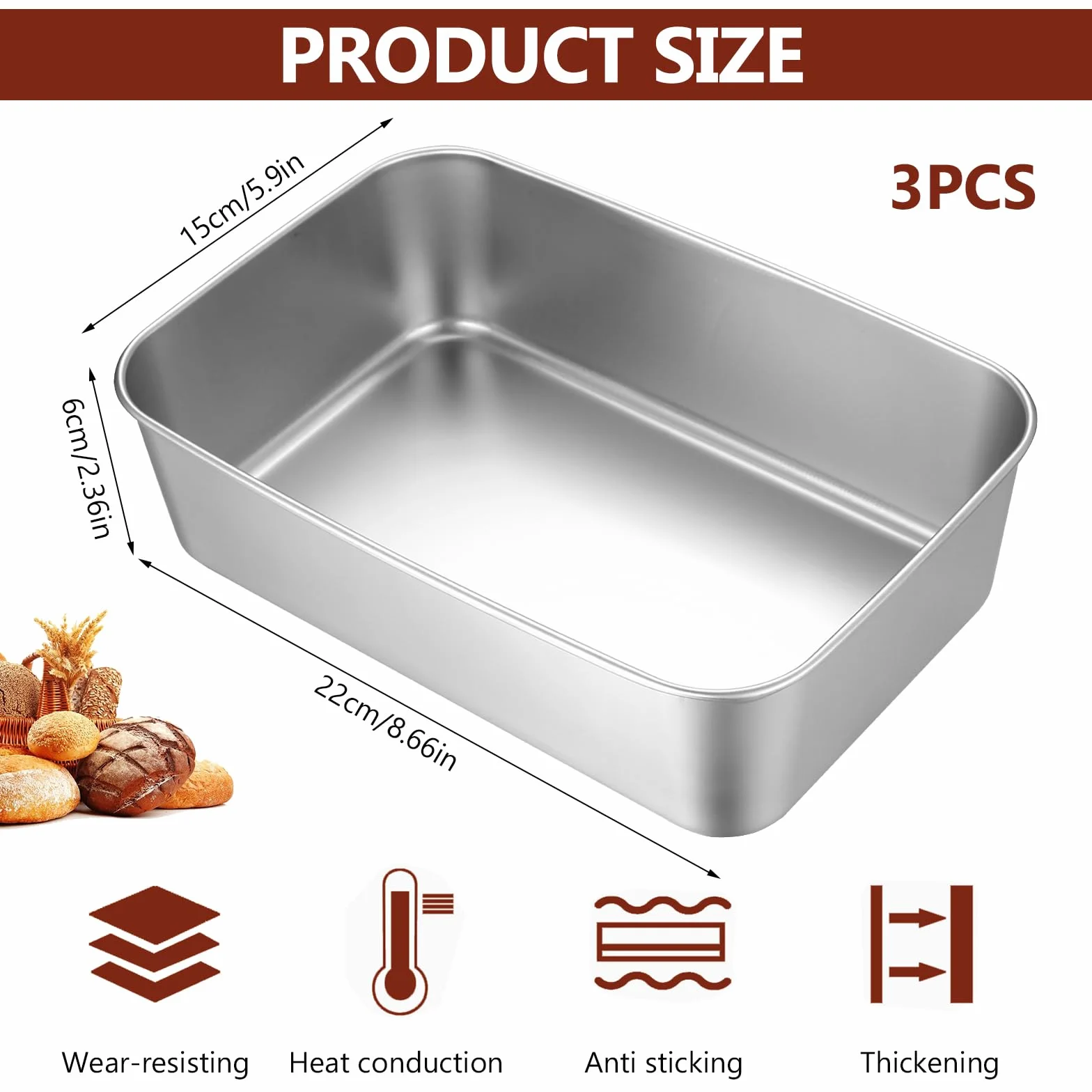 3 Pcs Molde pan Horno Inox, Molde Rectangular Reposteria Antiadherente, Moldes de Acero Inoxidable para Hornear Tostadas Pan Postres Tartas Lasaña(22 x 15 x 6 cm)