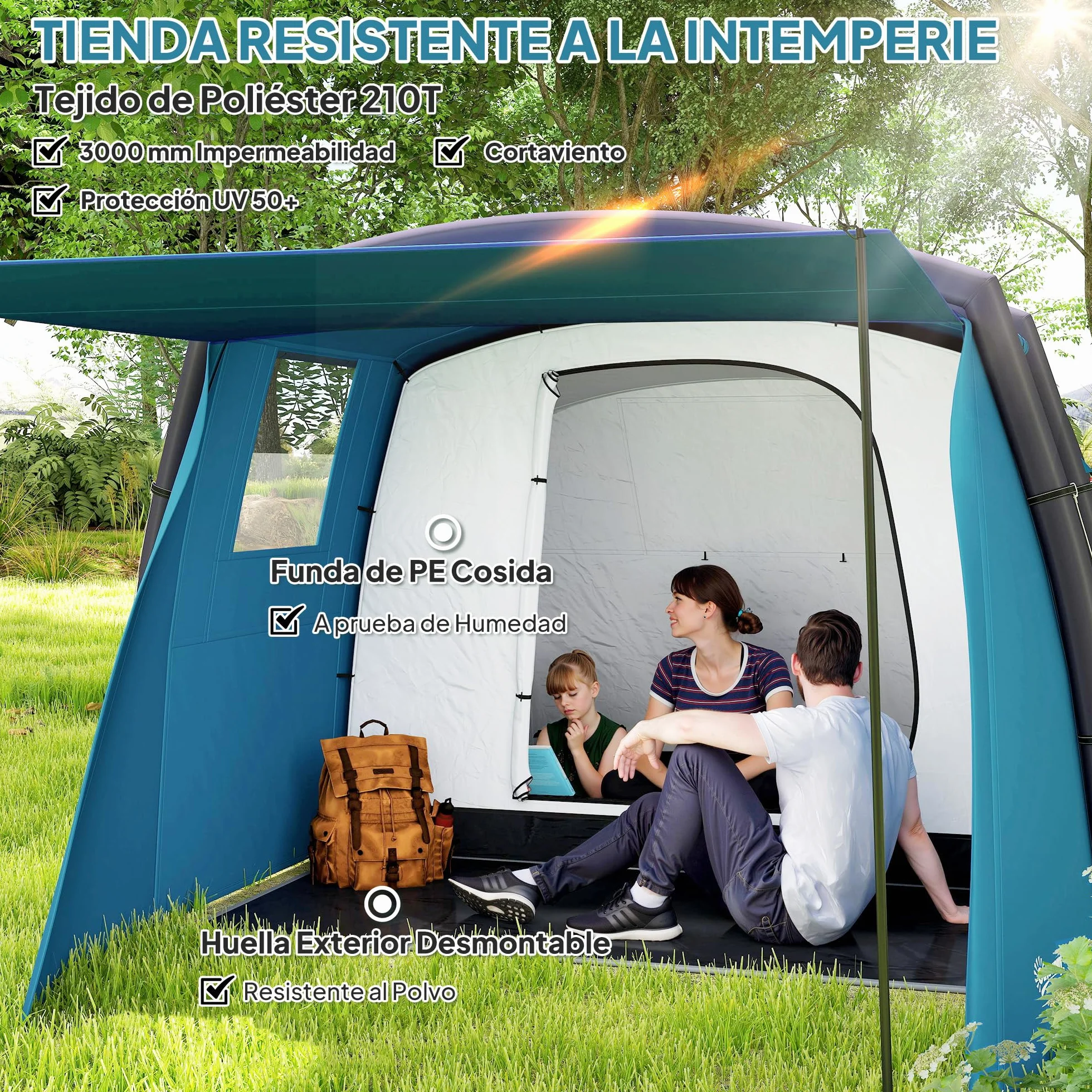 Outsunny Tienda de Campaña Inflable Familiar Tipo Túnel 3-6 Personas Glamping con Vestíbulo Protección UV 50+ Impermeable