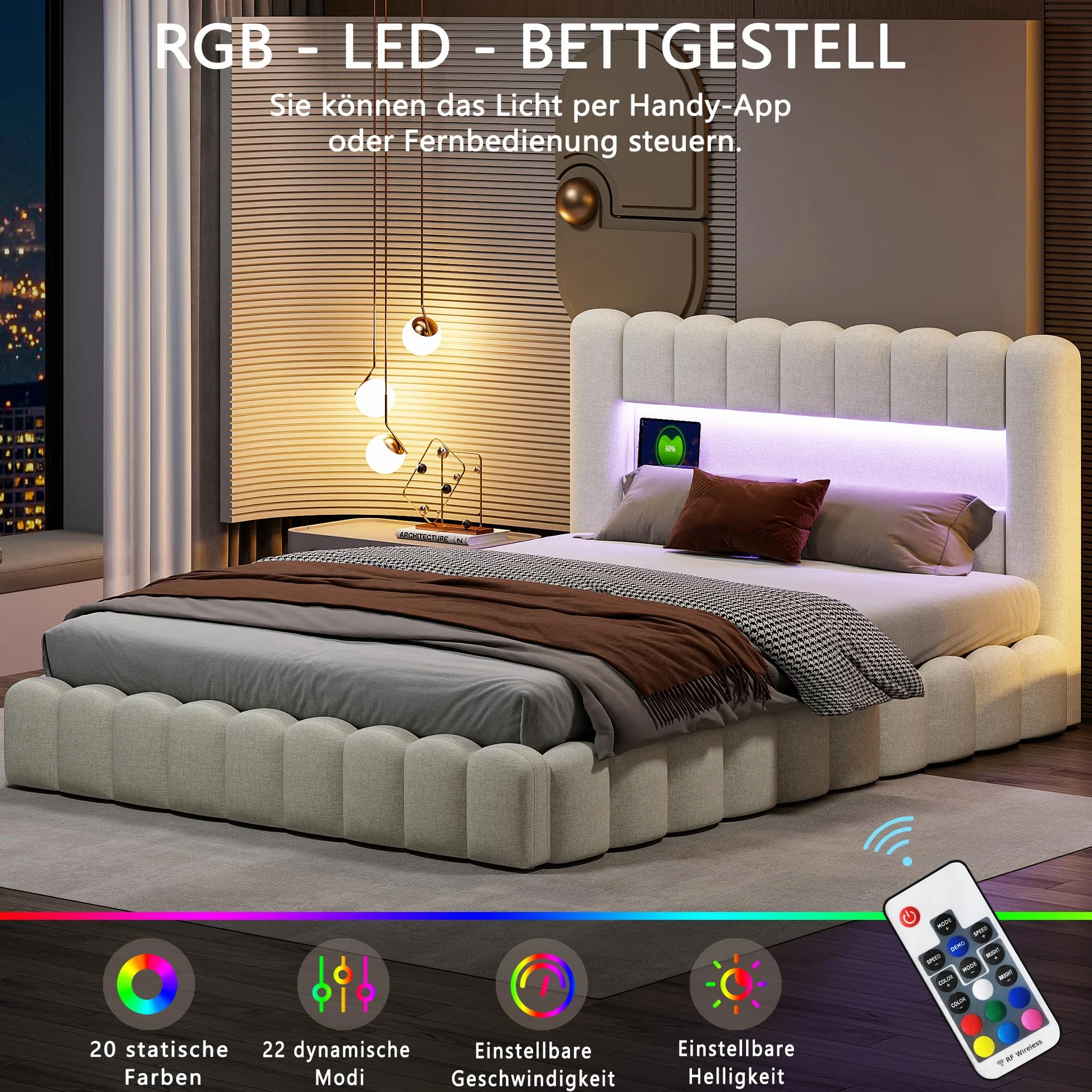 Cama tapizada de 160 x 200 cm con cajón, cama de 160 x 200 cm con espacio de almacenamiento hidráulico, cabecero con LED y USB, marco de cama doble con somier, lino beige, sin colchón