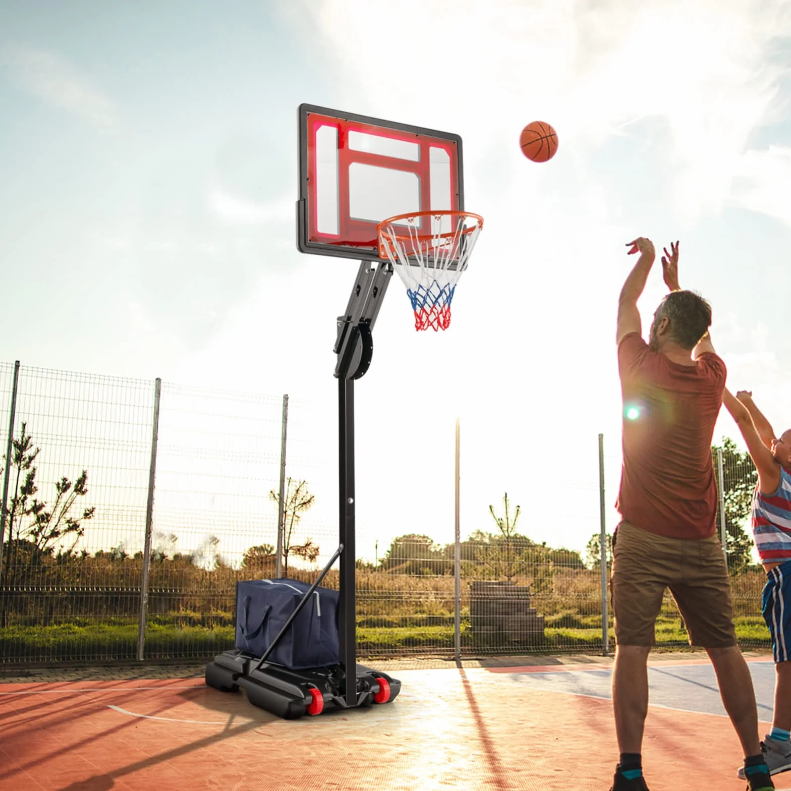 COSTWAY Canasta Baloncesto Exterior Altura Ajustable 10 Niveles 1,55-3,1m Móvil Ruedas Aro Baloncesto Bolsa Peso Niños Adultos
