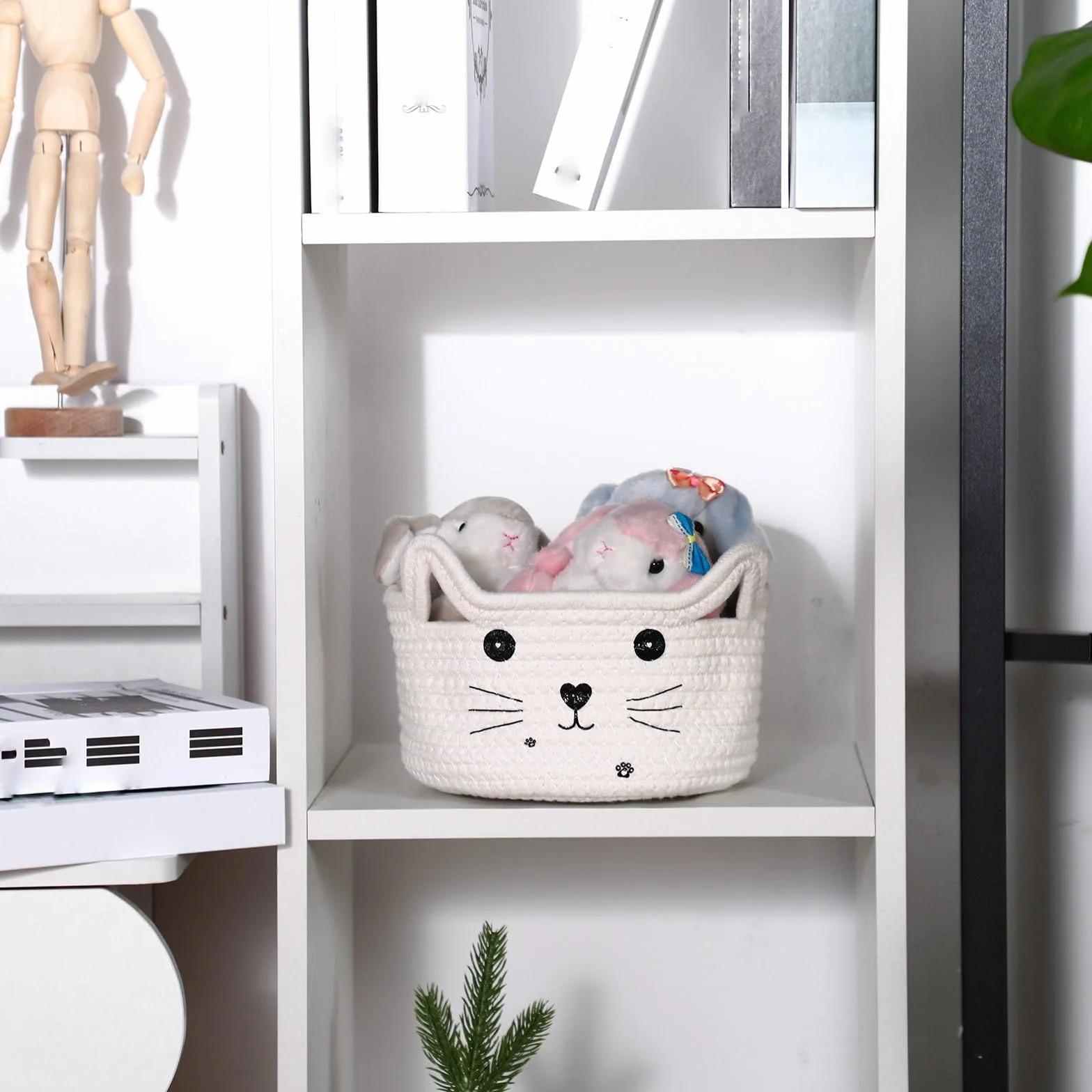 Cesta de Almacenaje de Cuerda Tejida con Orejas de Gato, Algodón, Blanco, 12 x 21 cm