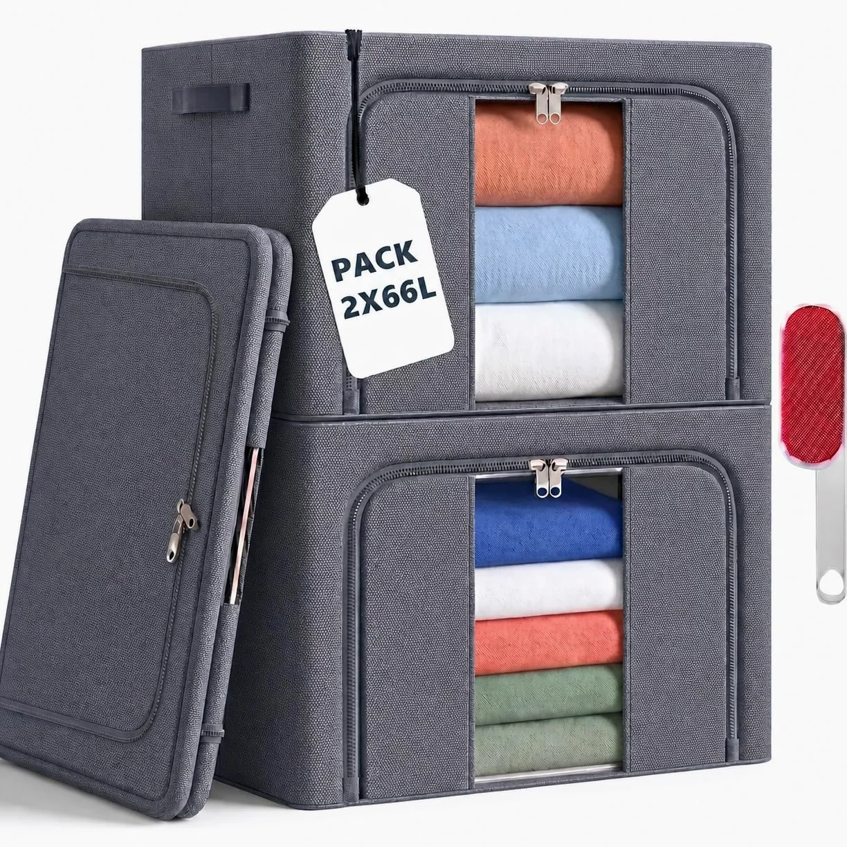 Cajas Almacenaje Ropa GRANDES Pack 2 · 66L (132L total) — Armario, Marco Metálico Rígido y Apilable, Plegable, Tela Oxford con Cremallera y Ventana Transparente Quitapelusas Incluido