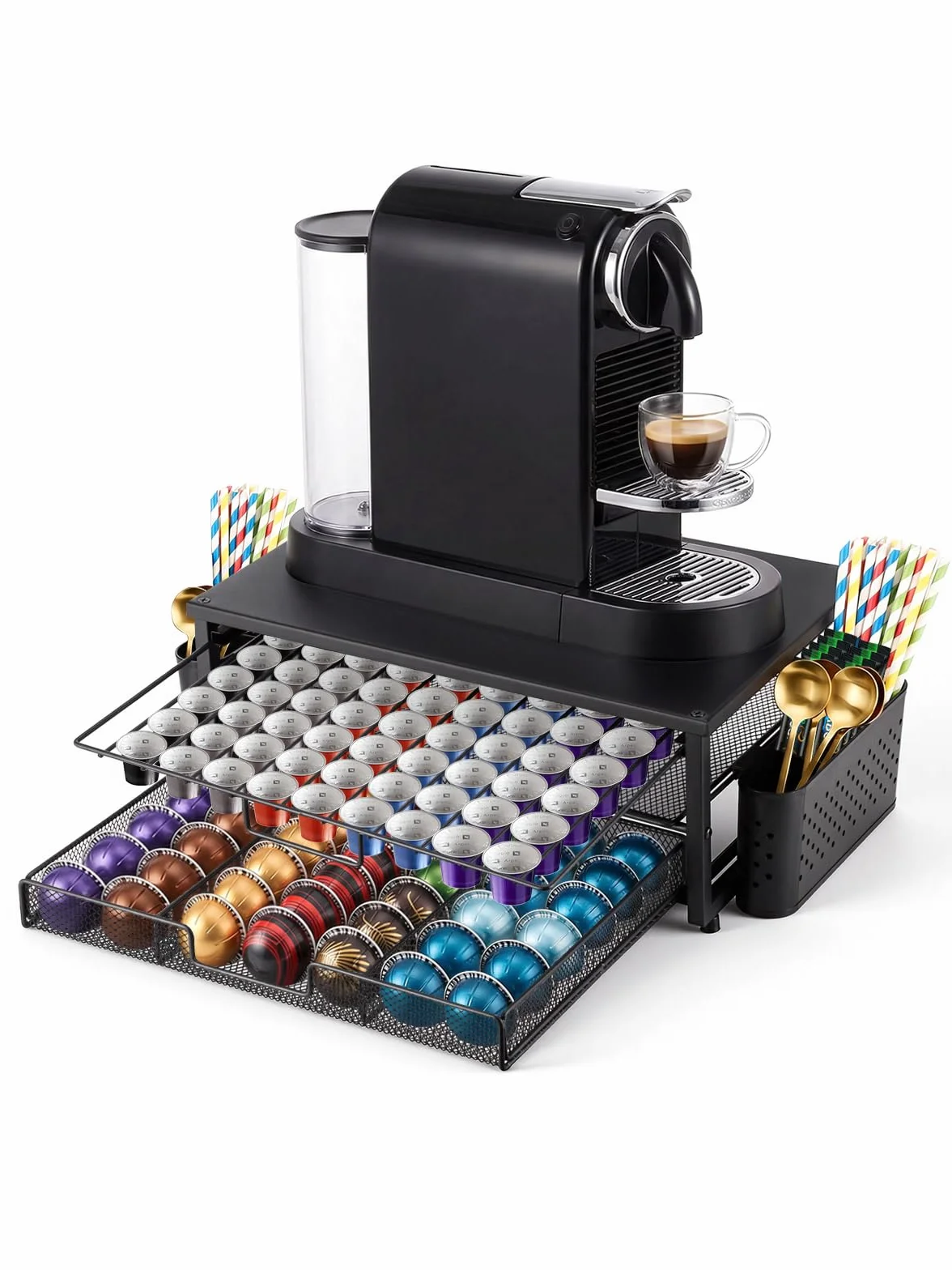 Weenkler Soporte para cápsulas de café con cajón de almacenamiento de 2 niveles – Estación de café compatible con cápsulas y máquinas Nespresso – 39,5 x 25,5 x 16,5 cm