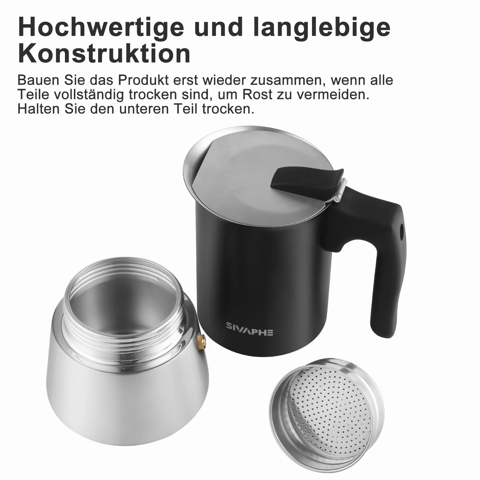 Sivaphe Cafetera de espresso de inducción, cocina de acero inoxidable, cafetera de espresso, cafetera moka, cafetera expreso sin aluminio, 6 tazas, 300 ml, color negro