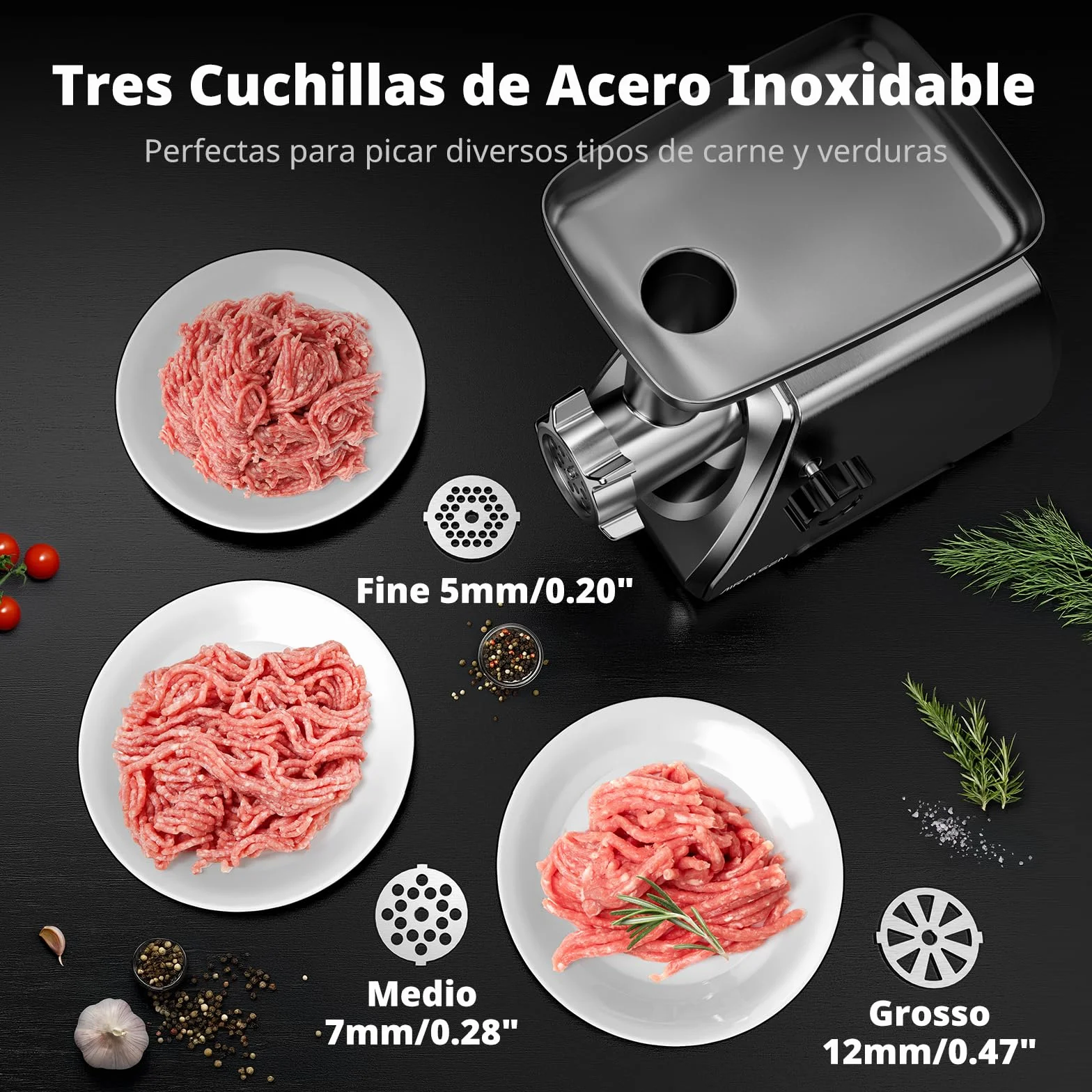 AIRMSEN Picadora de Carne Eléctrica, 2 Cuchillas de Acero Inoxidable, 3 Placas de Molienda y Accesorio para Embutir Salchichas Kubbe, Motor Silencioso, Fácil Limpieza, Ideal para Uso Doméstico (M)