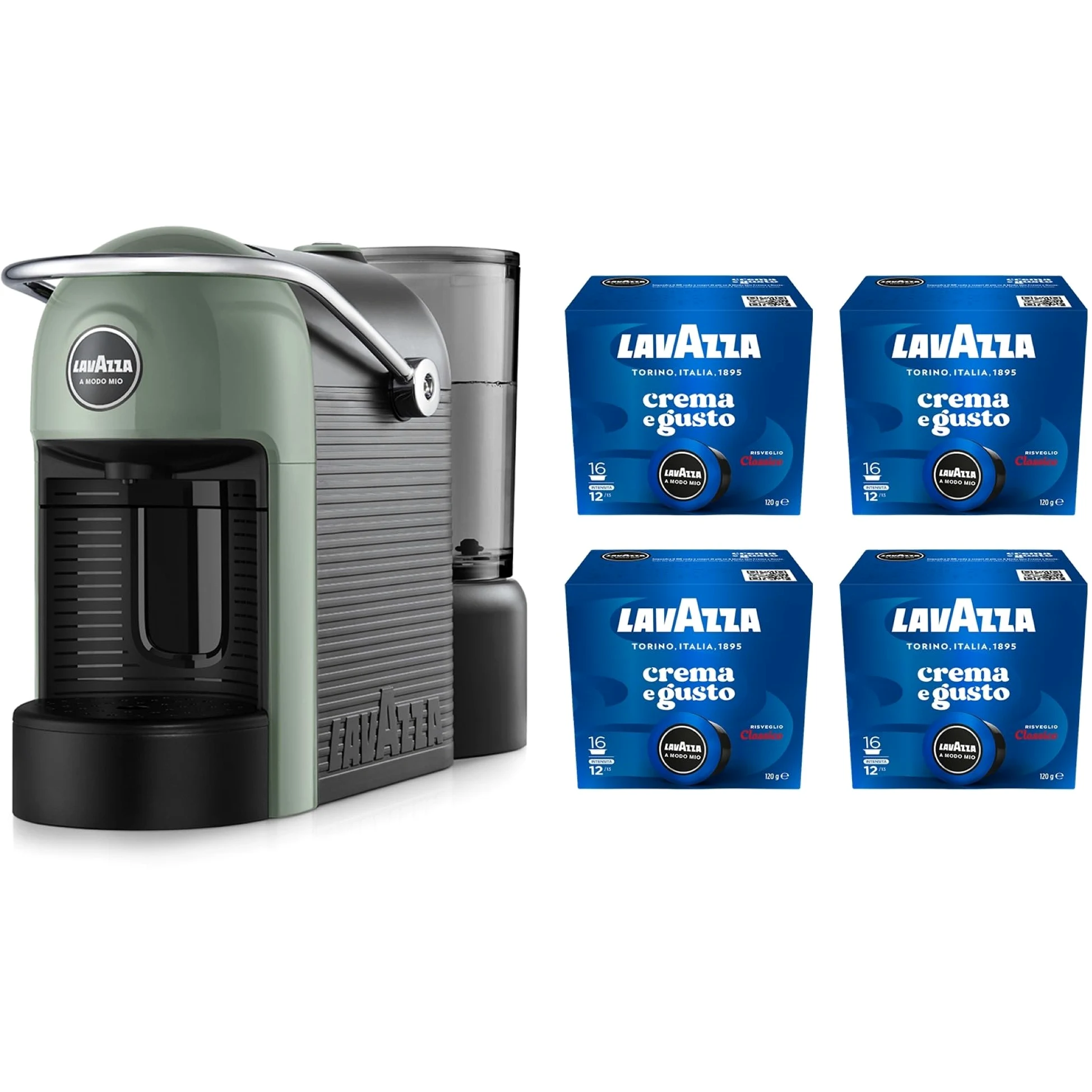 Lavazza, A Modo Mio Jolie Evo, Cafetera de 36% Plástico Reciclado, Máquina de Café Expreso con 64 Cápsulas Lavazza, A Modo Mio Crema y Sabor Clásico Incluido, Verde