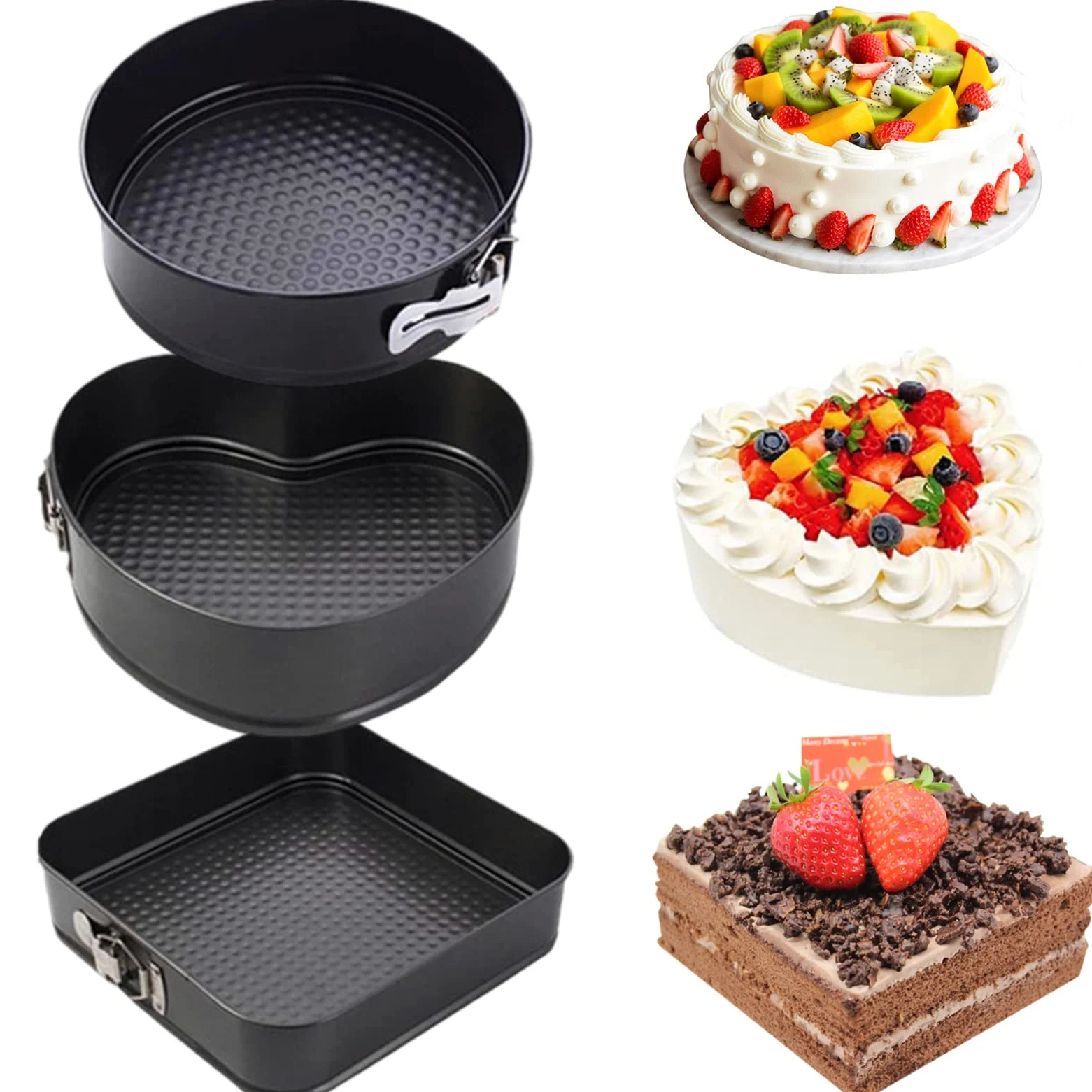 Molde para tartas de 3 piezas, de acero al carbono, molde para tarta con forma de corazón, redondo, cuadrado con fondo extraíble para hacer pasteles Pizza (M)