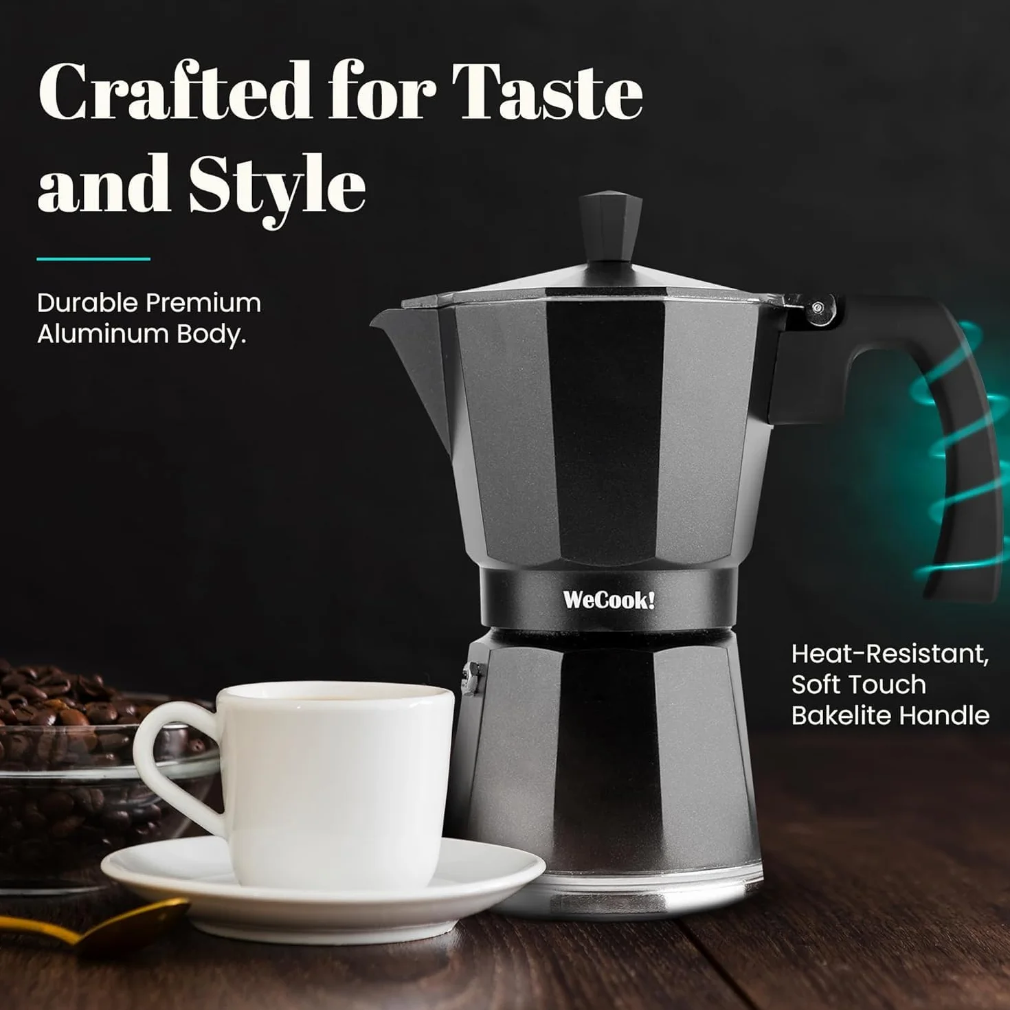 WECOOK! Luccia Cafetera Italiana, Inducción, Aluminio, Express, 1 - 3 Tazas Café, Apta para todas las Cocinas, Color Negro, Junta de Cierre de Silicona, Válvula de Seguridad.