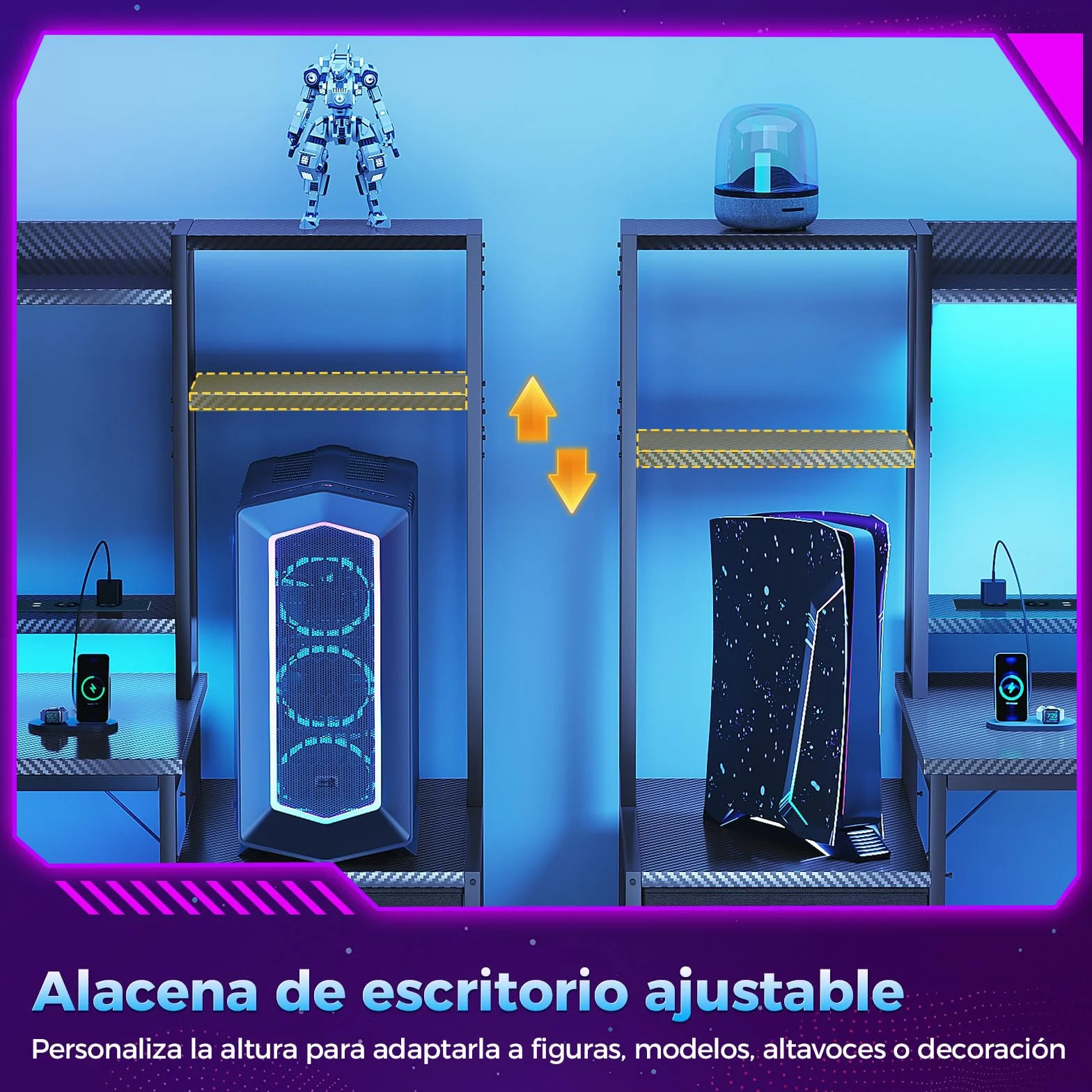 Coleshome Escritorio Gaming con Estanteria y Cajones, 137x48cm Mesa Gaming con Iluminación LED & Toma de Corriente, Escritorios para PC con Repisas de Almacenamiento, Negro Fibra de Carbono