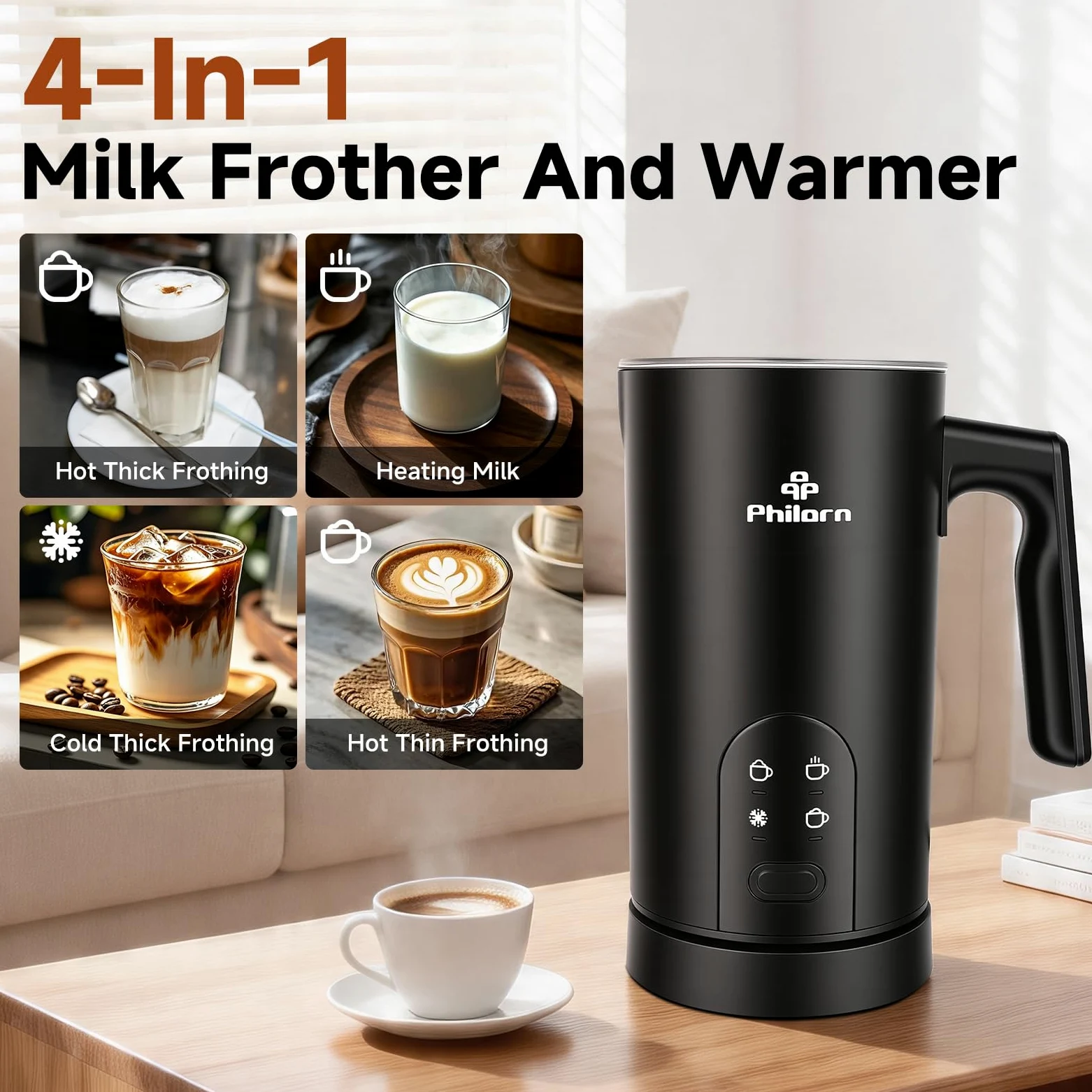 Espumador de leche eléctrico 4 en 1, espumador portátil de mano para bebidas frías y calientes