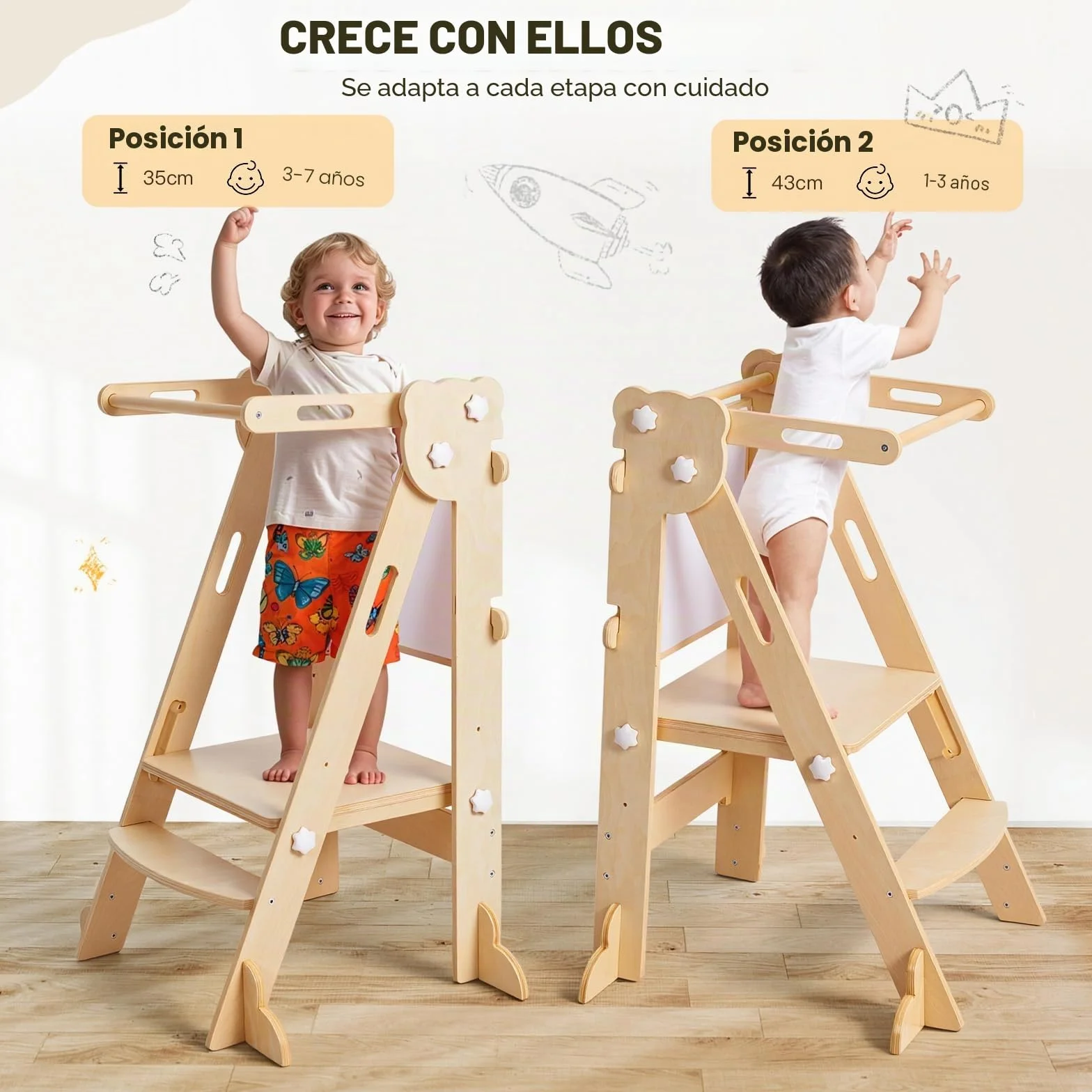Labebe Torre de Aprendizaje Plegable Niños, Montessori Learning Tower 3 en 1 Multifuncional Ajustable en Altura y Ancho