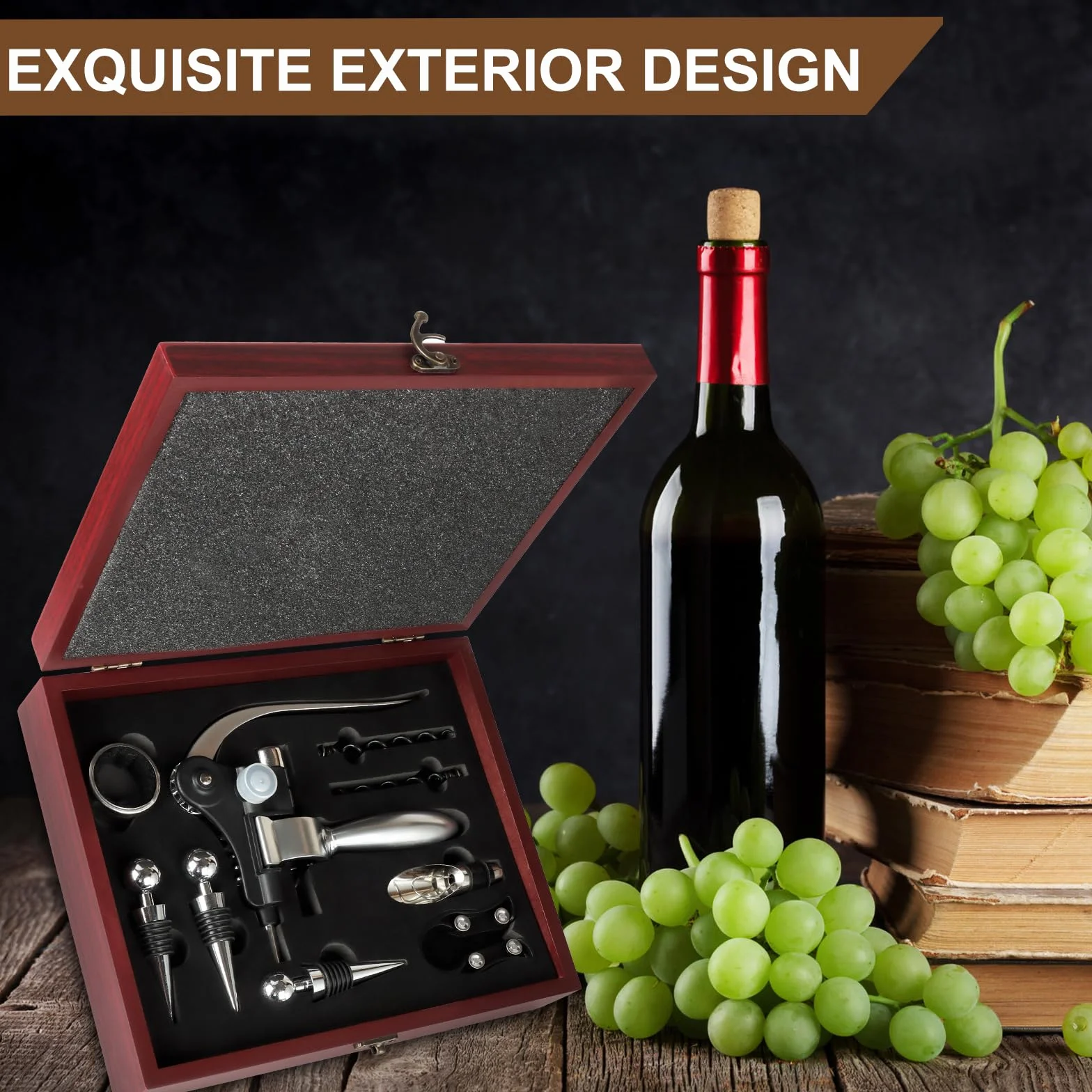 UCAMP Juego de abridor de vino de lujo con 11 sacacorchos, accesorios de vino, set de regalo para amantes del vino (caja de madera)