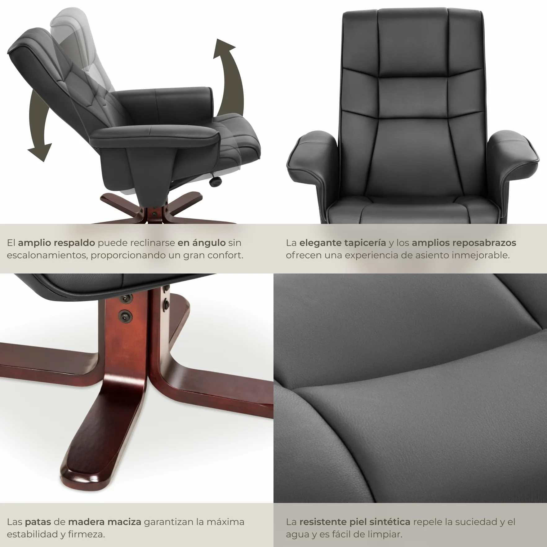 tectake® sillón Relax reclinable con Taburete, Respaldo oscilante y 360° Giratorio, cómodo Acolchado con Funda de Cuero sintético, Ideal para salón, Dormitorio o Lectura - Negro/Marrón