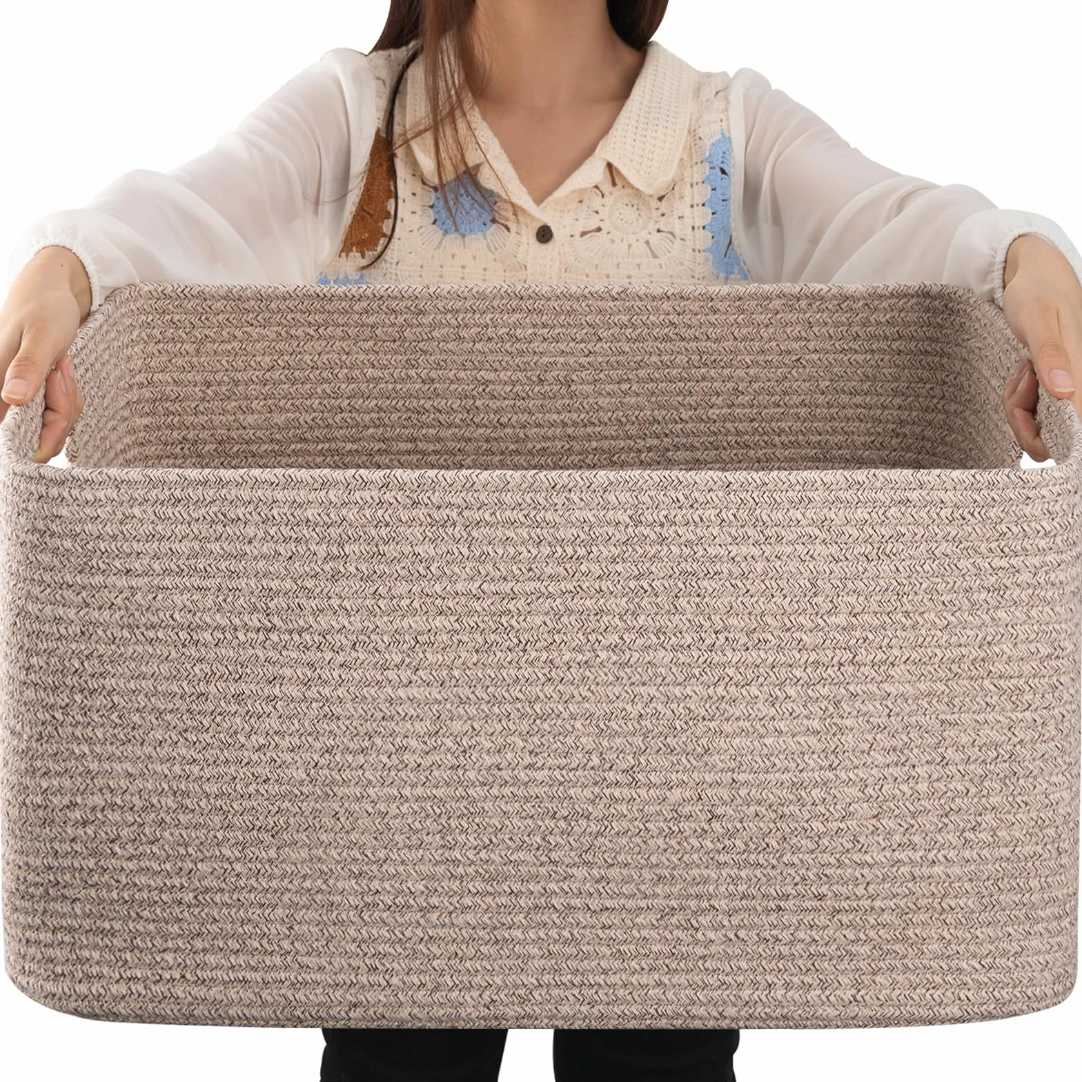 OIAHOMY Cesta grande con asa para almacenamiento de mantas, tejida con cuerda de algodón, 75 litros, 55,88 x 43,18 x 30,48 cm, para sala de estar, para juguetes, habitación infantil, marrón veteado