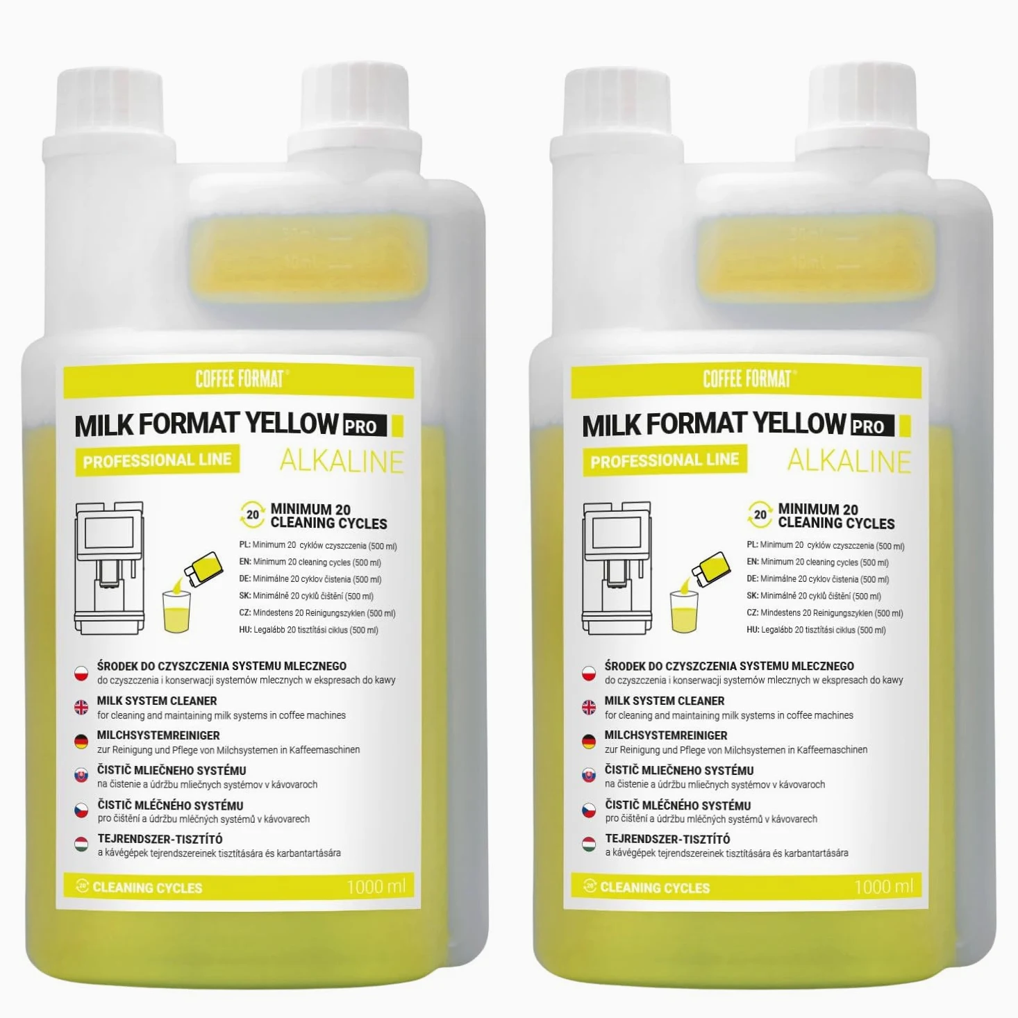 MILK FORMAT YELLOW PRO: Líquido Alcalino para la Limpieza del Sistema de Leche, 2 x 1 L de Concentrado para el Espumador de Leche, Botella con Medidor, Elimina los Residuos Proteicos
