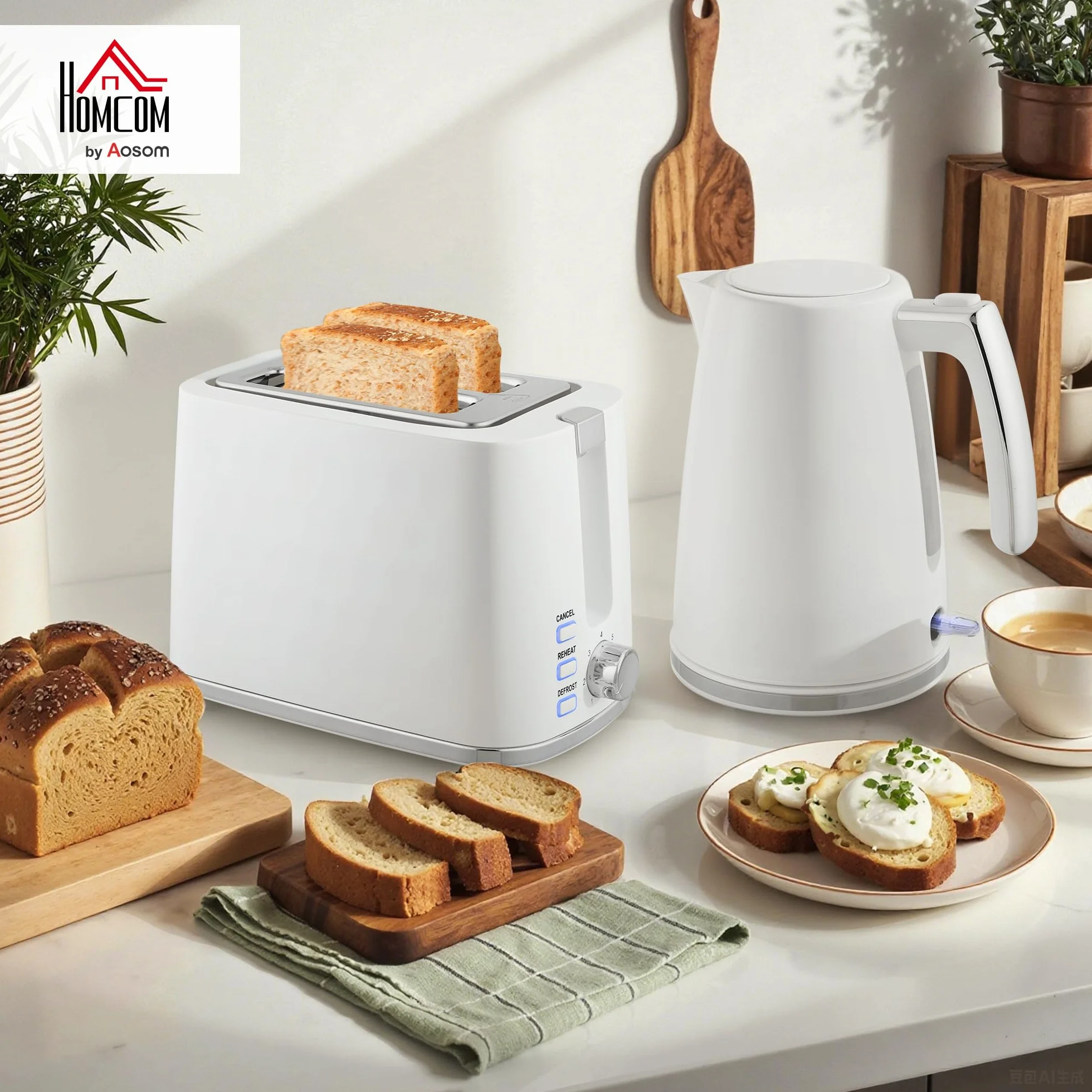 HOMCOM Juego de desayuno tostador de 2 rebanadas y ranura ancha con 7 niveles de tostado y bandeja recogemigas, Hervidor eléctrico de 1,7L 2200W con termostato Otter y filtro antical, Blanco