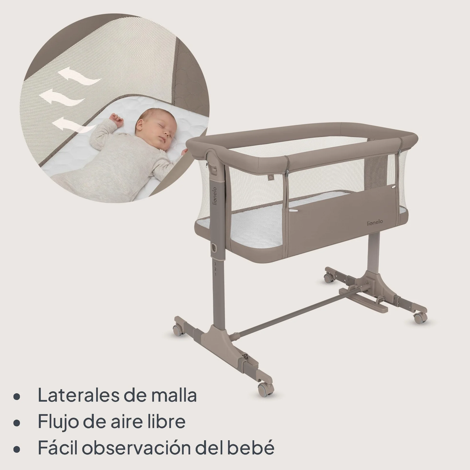 lionelo Pari Cuna 3 en 1 hasta 9 kg, Cuna de colecho, Cama Mecedora, Ajuste de Altura e inclinación del colchón, 4 Ruedas con Freno, Colchón Ergonómico, Malla Transpirable, Bolsa, Minicuna | Estructura de acero