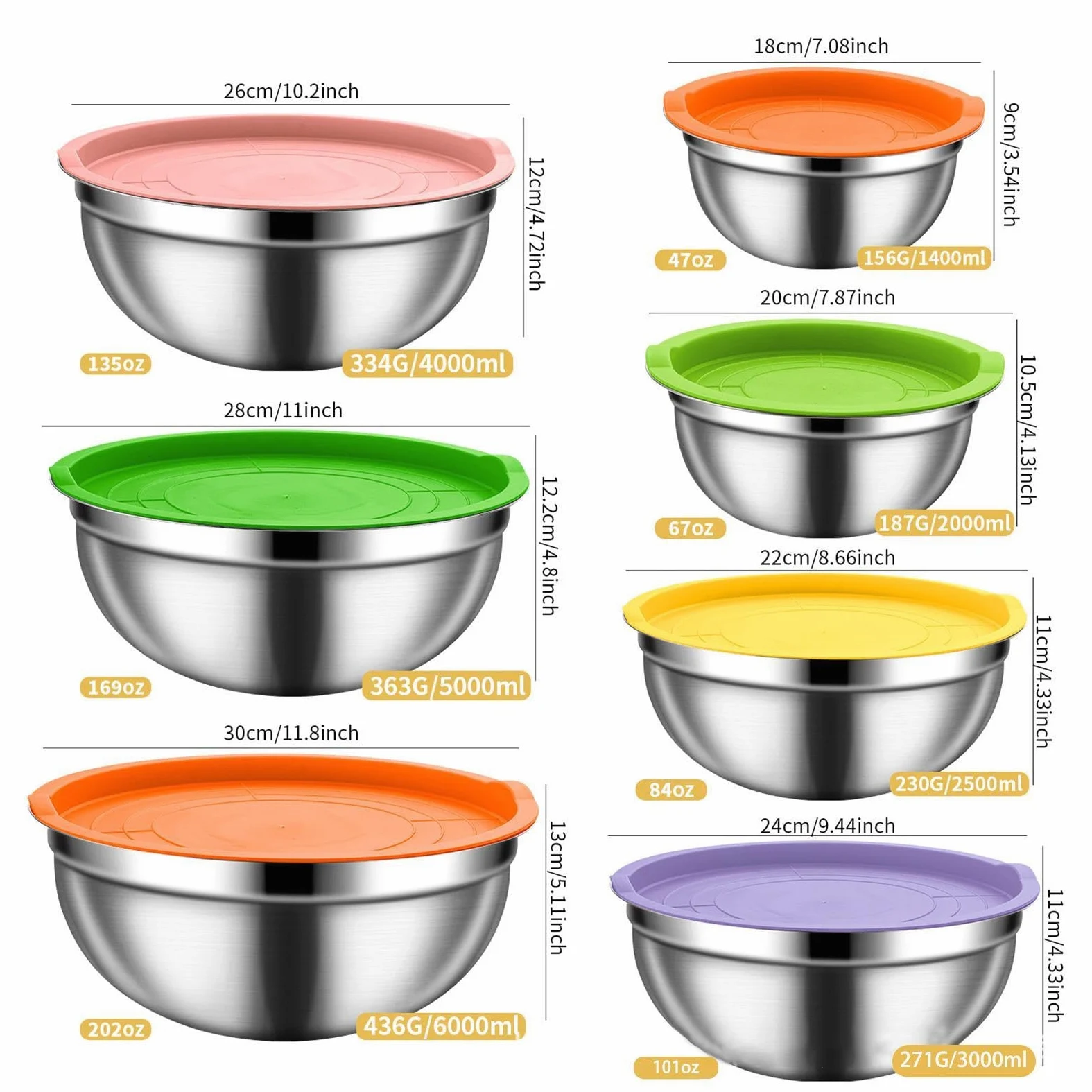 Bol para Mezclar con Tapa Herméticas de Acero Inoxidable, Juego Apilable | Ideales para preparar y conservar alimentos en el frigorífico para Cereales, Snacks, Huevos, Aderezos, Verduras, Masa y F