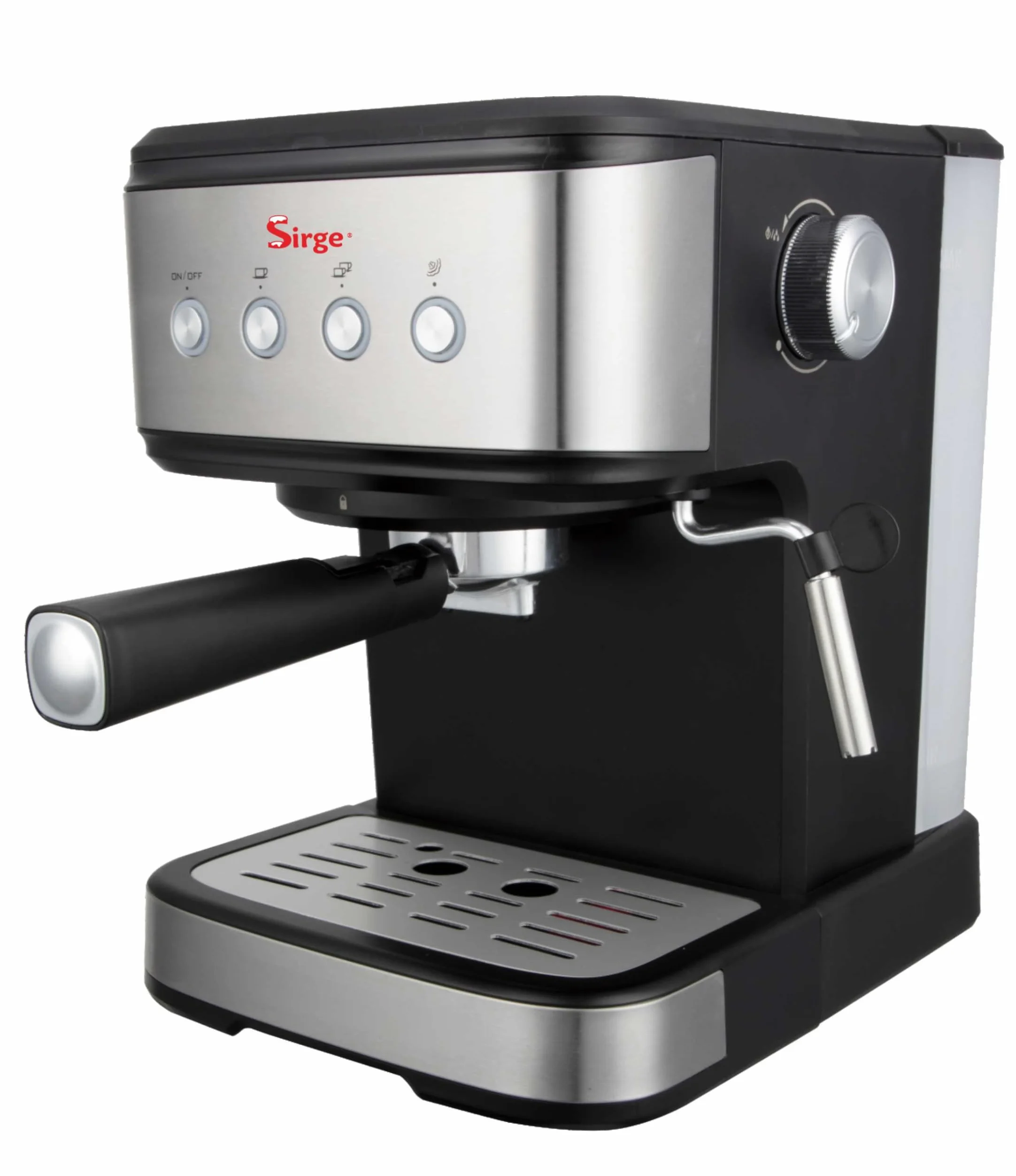 Sirge LUSSY - Cafetera Máquina para Café Expreso, Capuchino y Bebidas Calientes, Utiliza Café en Polvo y/o Monodosis. Potencia 1100 W. Bomba Italiana de 15 Bar con 3 Filtros Incluidos
