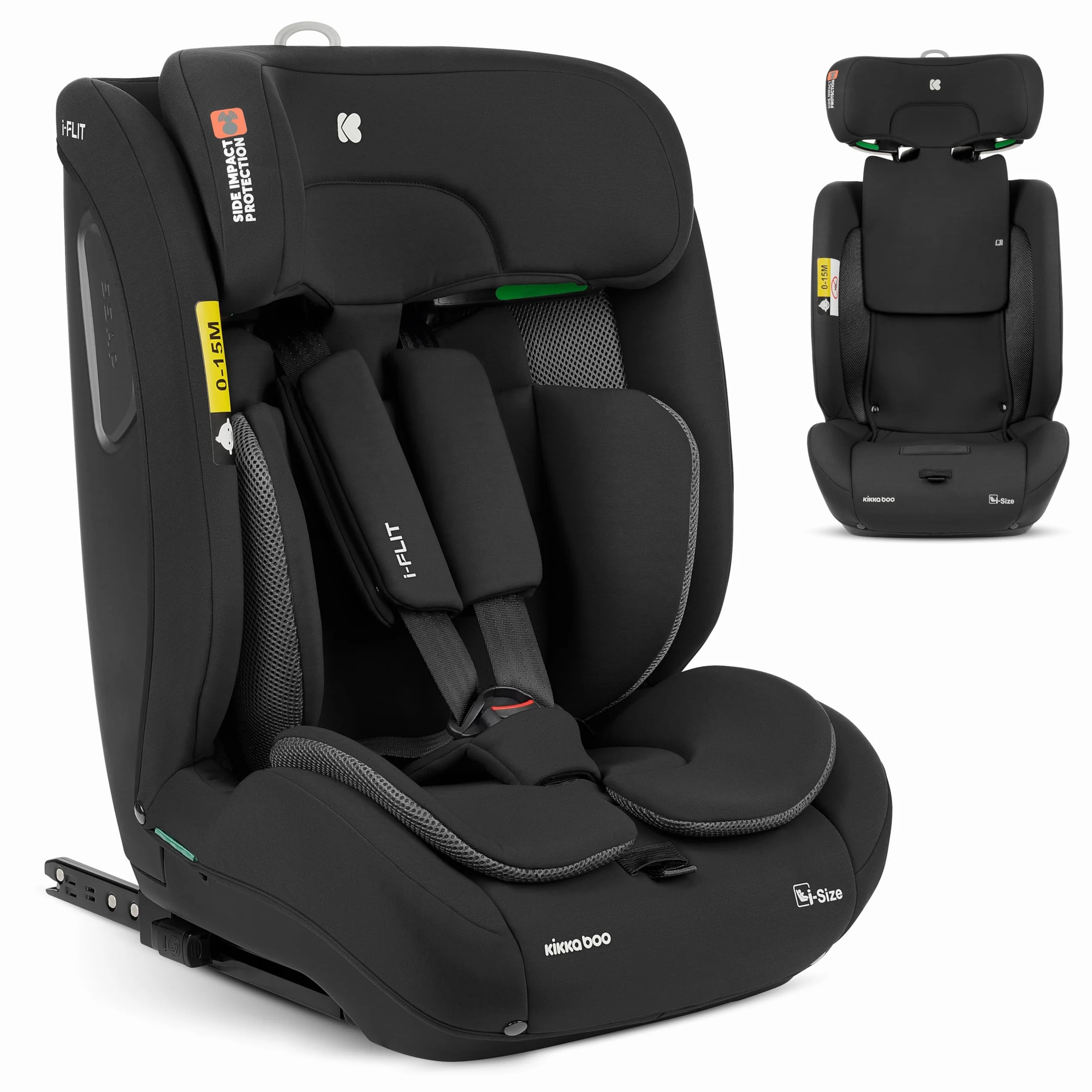 KikkaBoo Silla de Coche Bebe ISOFIX Grupo 1 2 3 (9-36 kg) i-FLIT, de 15 Meses a 12 Años, Seguridad SPS, Reposacabezas Ajustable, Top Tether, 12 Posiciones Reposacabezas, Negro