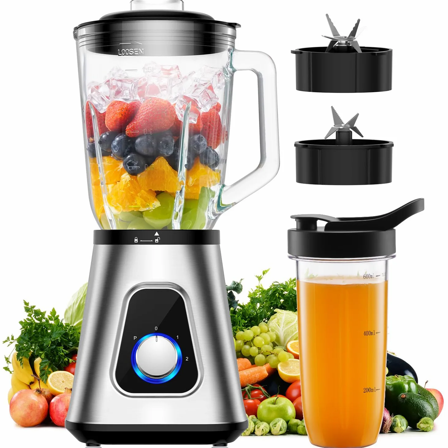 GDOR Batidora de Vaso 1200 W Cristal 1,5 L+ Botella Portátil Licuadora Porfesional, 3 Velocidades, 6 Cuchillas + 4 Cuchillas de Acero Inoxidable para Batidos, Zumos de Frutas, Pilar de Hielo
