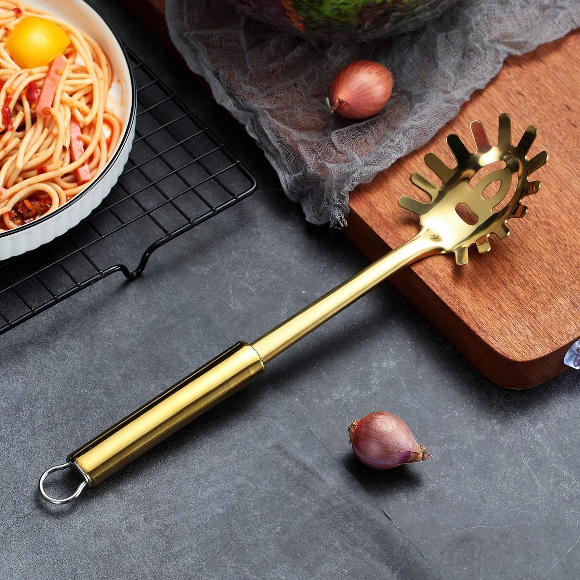 Berglander Tenedor para pasta, Servidor de pasta dorado de acero inoxidable, Cuchara para espagueti, Servidor para espagueti dorado con revestimiento de titanio, Tenedor Noddle (Dorado)