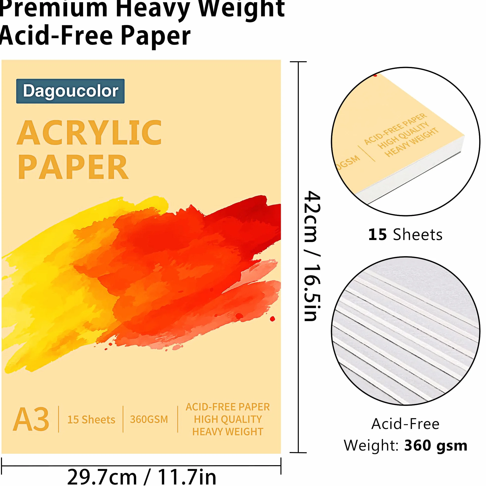 DagouColor Papel Acrílico Para Pintura, 15 Hojas Acrylic Bloc, Bloc 360 g/m² Sin ácido, Ideal para Artistas Principiantes, Adultos, Niños y Niñas - A3, 1 Pack