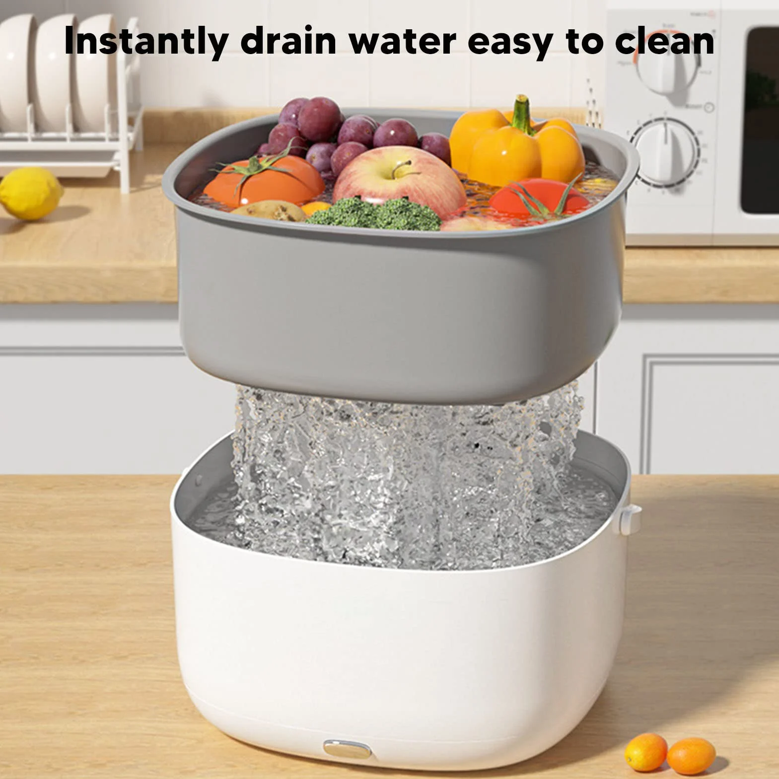 Lavadora De Frutas Y Verduras De 360 ​​​​Grados, Lavadora De Frutas Ultrasónica Dispositivo Limpiador De Verduras PP con Cesta De Drenaje para Frutas Frijoles Verduras 23x23x13cm